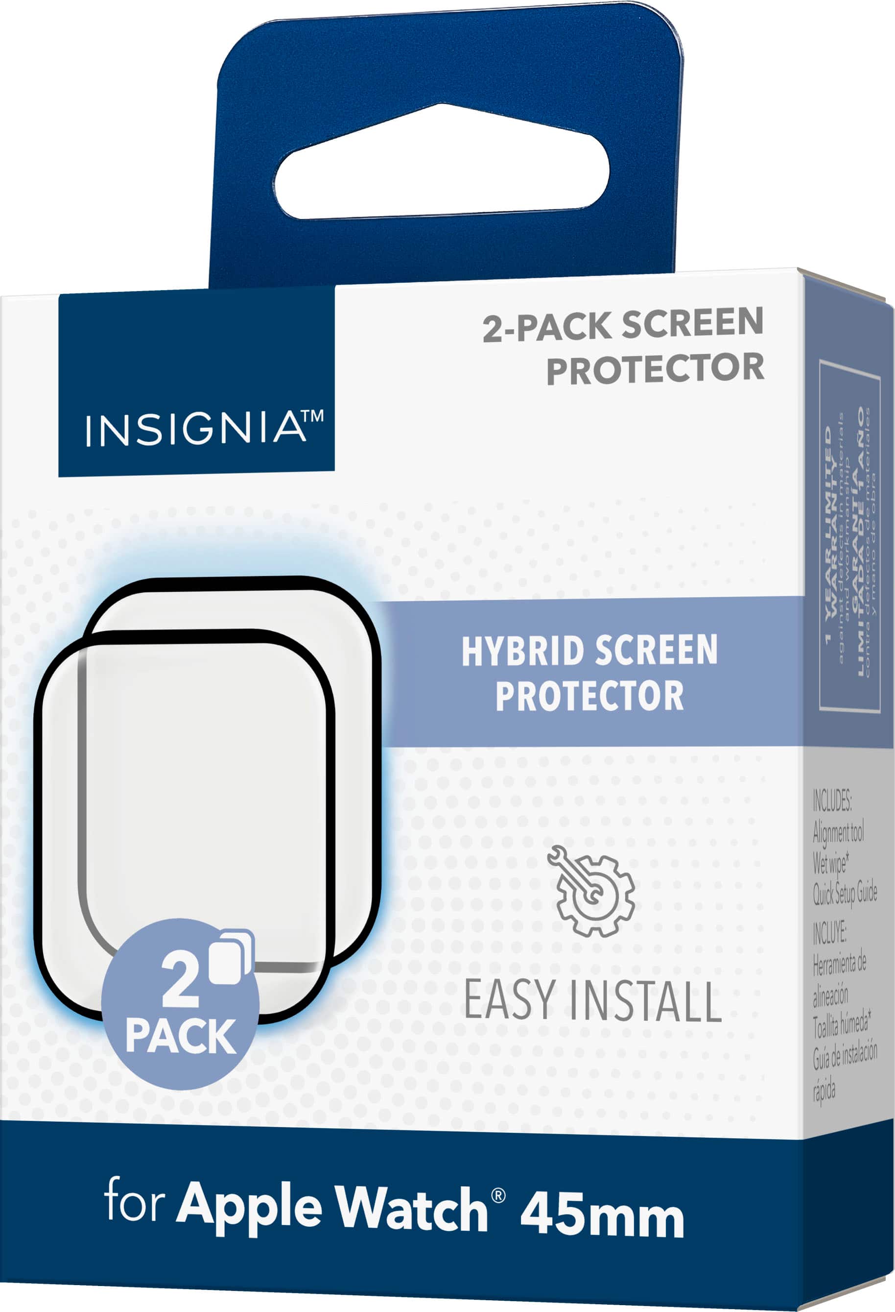 Insignia 2-Pack Screen Protector for Apple Watch 45mm. Hybrid Screen Protector with Limited Lifetime Warranty. Easy Installation. Includes: Alignment Tool, Quick Start Guide.