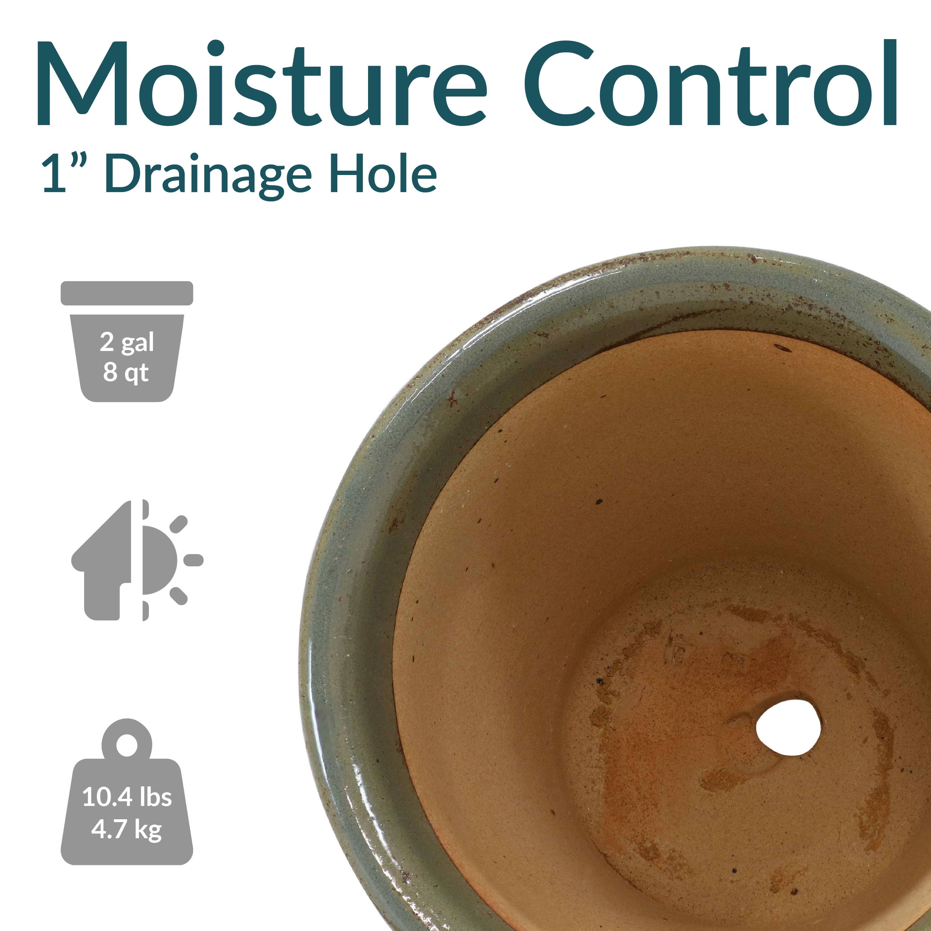 Moisture Control  
1" Drainage Hole  

2 gal  
8 qt  

10.4 lbs  
4.7 kg
