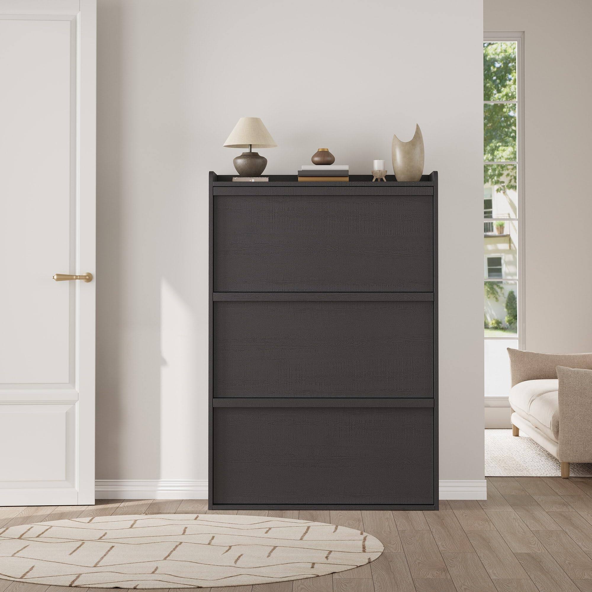 Left. Babevy - Shoe Cabinet with 3 Flip Drawers & Adjustable Shelf, Wooden Hidden Shoe Storage Organizer for Entryway Hallway - Black.