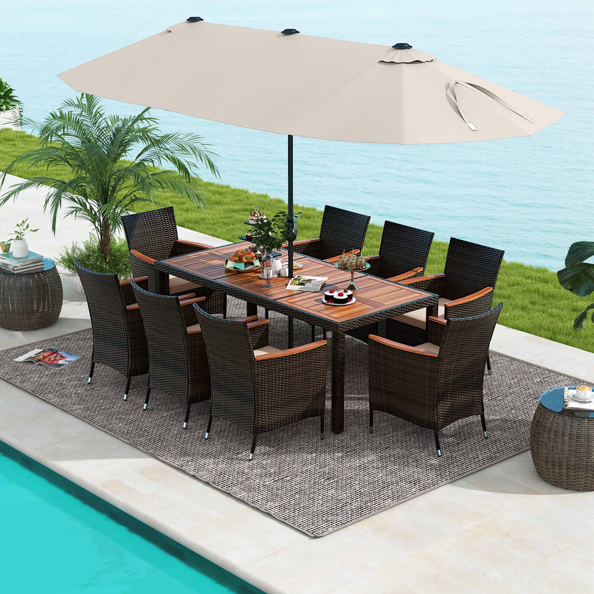 Alt View 3. Costway - 11 PCS Patio Dining Set with 15ft Double-Sided Patio Umbrella (Base Included) - Mix Brown + Beige.