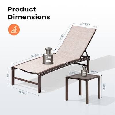 Product Dimensions: 24.63in x 31.22in x 42.63in  
Weight Capacity: 270 LBS  
Table Dimensions: 15.67in x 15.83in