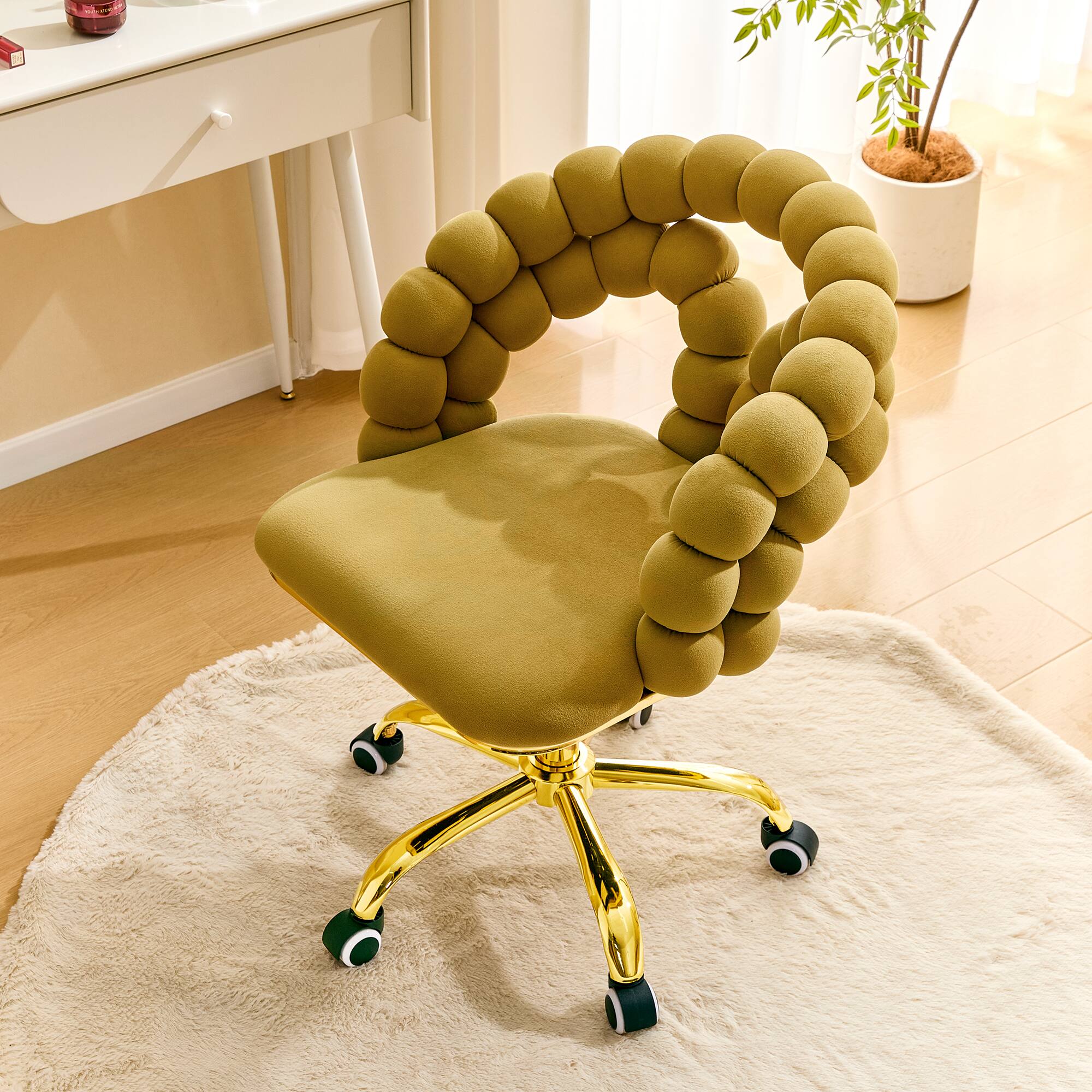 Angle. Loheer - Loheer- Velvet Desk Chair Adjustable Swivel Makeup Desk Chair with Bubble Back, 2.82 ft Mustard Yellow - Gold,Yellow.