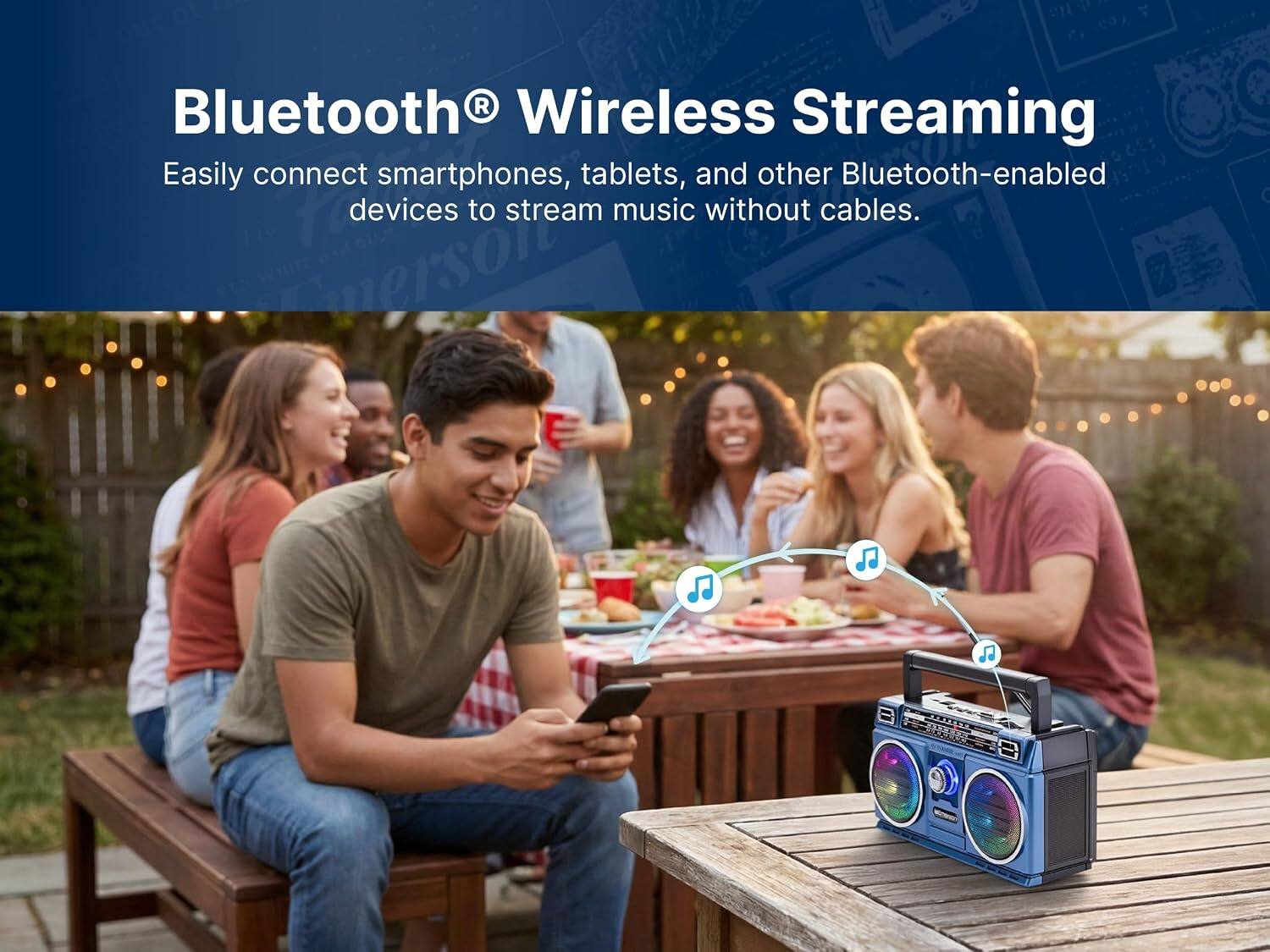 Bluetooth® Wireless Streaming  
Easily connect smartphones, tablets, and other Bluetooth-enabled devices to stream music without cables.