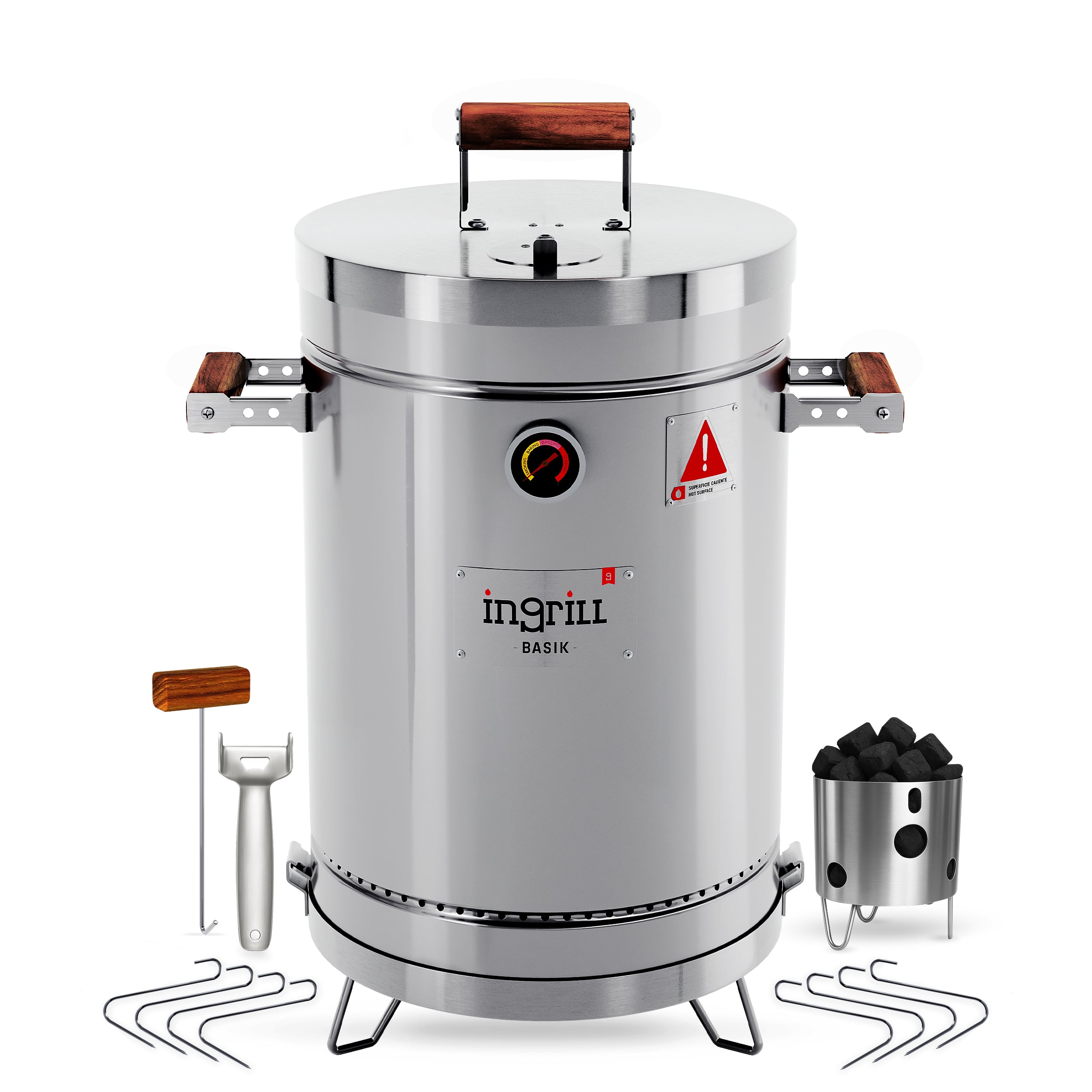 Ingrill - Charcoal Grills - Basic 12 lbs - Smoker Grill 3-in-1 for Cooking & Home BBQ - Stainless Steel