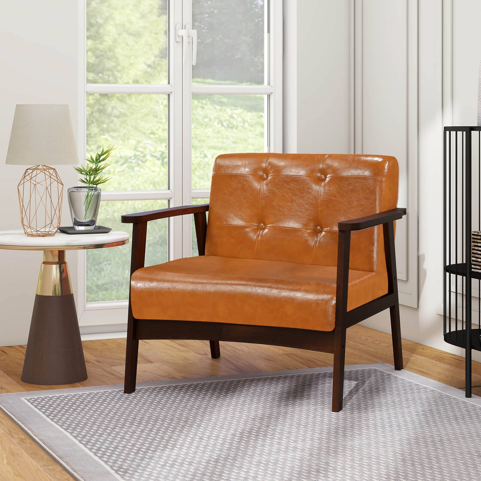 Alt View 3. Costway - Costway Accent Chair Button Tufted Mid-century Modern Lounge Chair with Armrest - Caramel.