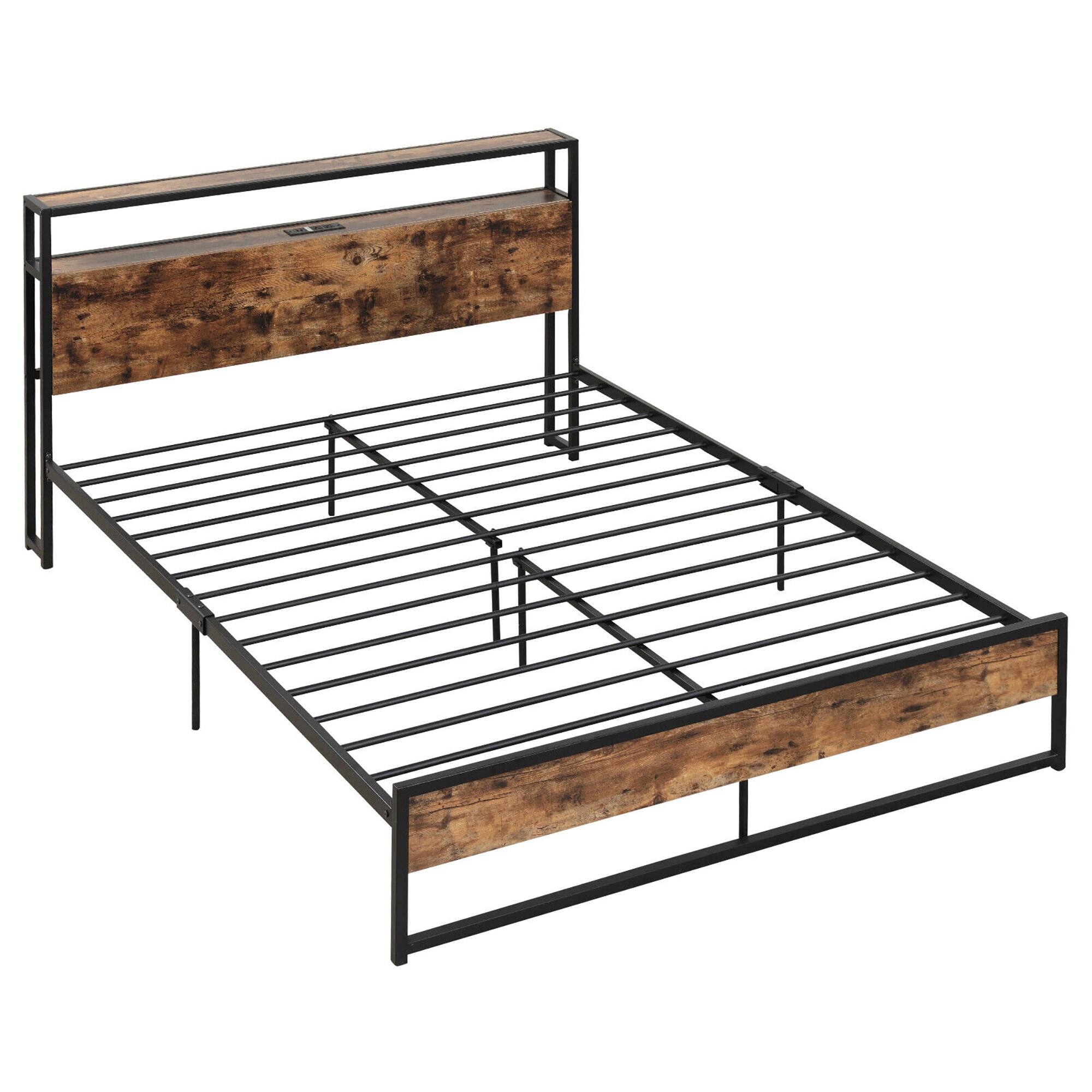 Alt View 1. Gymax - Gymax Queen Size Industrial Platform Bed Frame with Charging Station Storage Headboard - Rustic Brown.