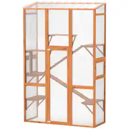 Pawhut - Catio Cat Enclosure, Large Wooden Cat House with 6 Jumping Platforms, Scratching Post, 2 Ramps
