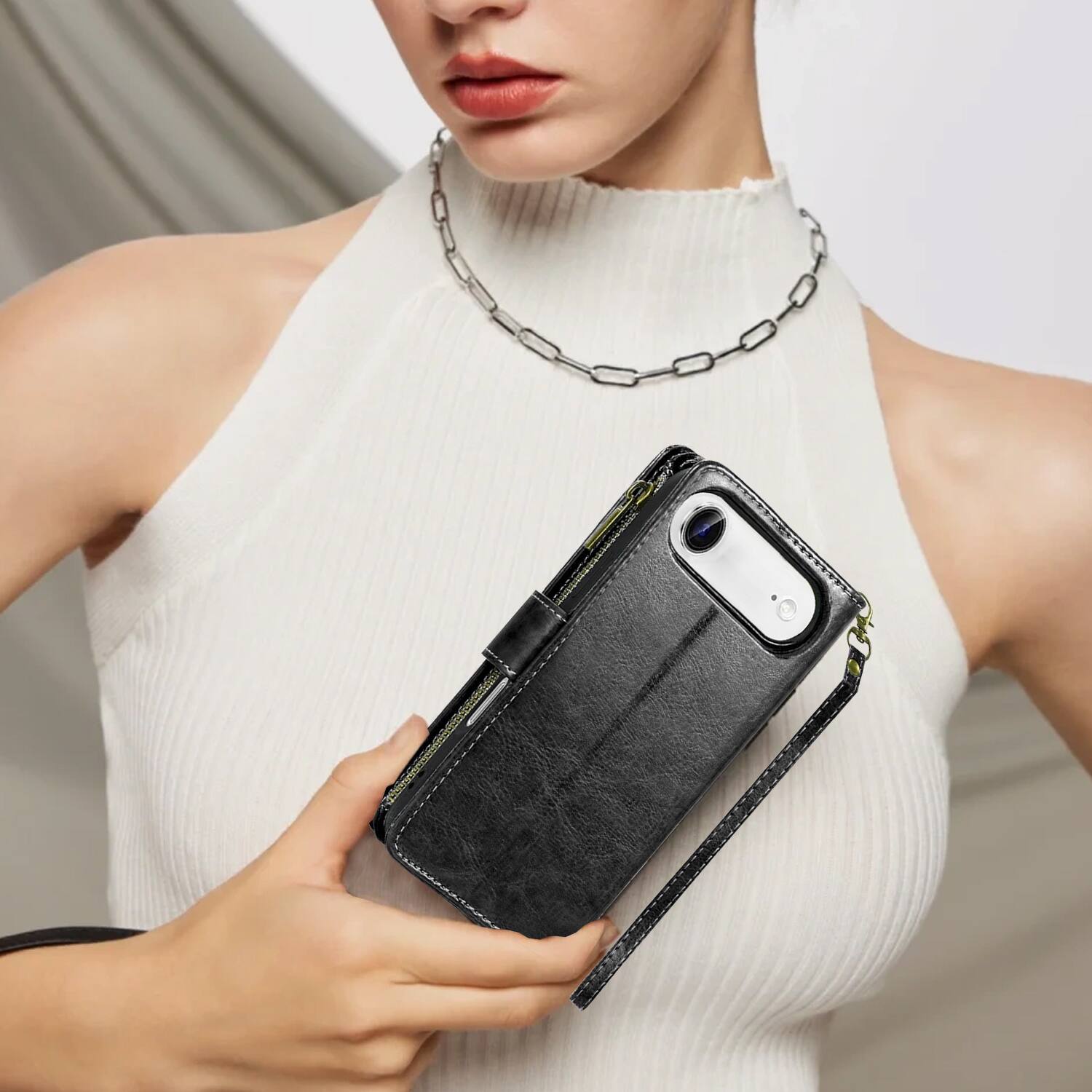Alt View 7. Equipd - Phone Case for iPhone 17 Air 6.5", Luxury Wallet Card ID Zipper Money Holder Cover (Black) - Black.