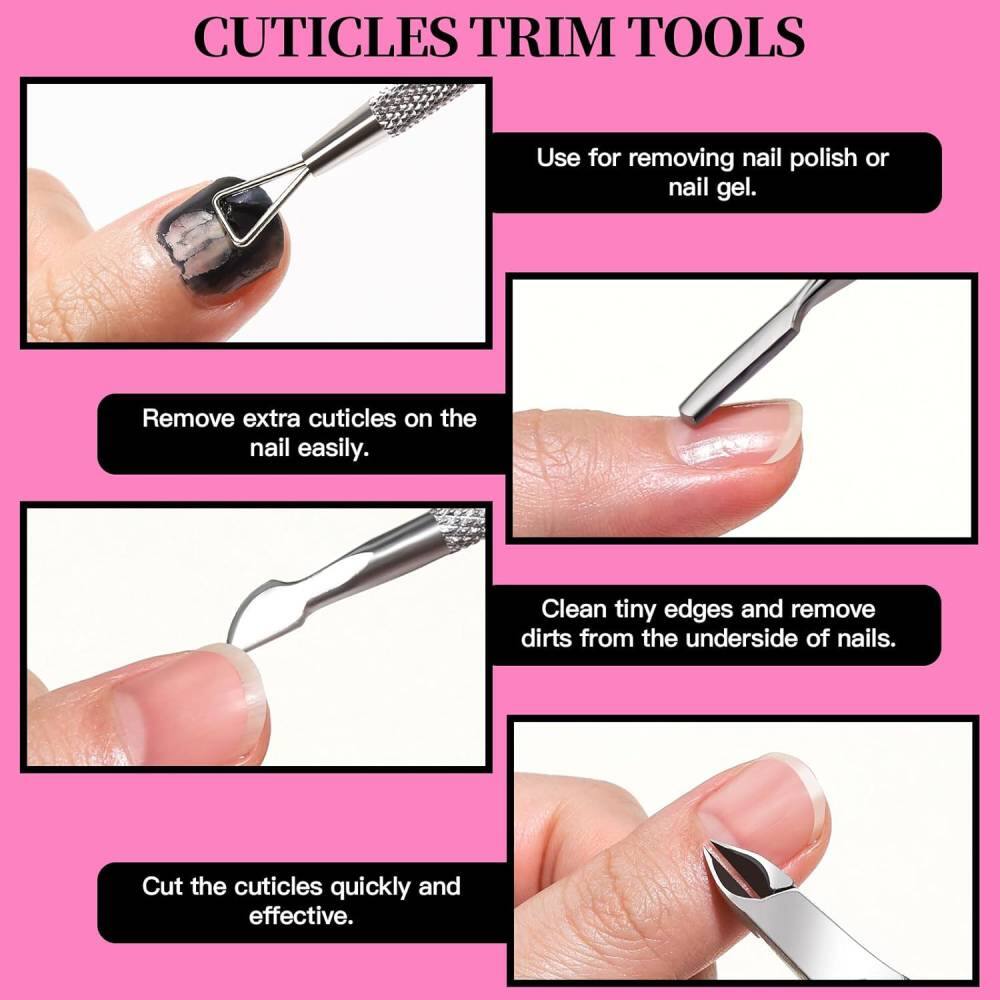 CUTICLES TRIM TOOLS

- Use for removing nail polish or nail gel.
- Remove extra cuticles on the nail easily.
- Clean tiny edges and remove dirts from the underside of nails.
- Cut the cuticles quickly and effective.