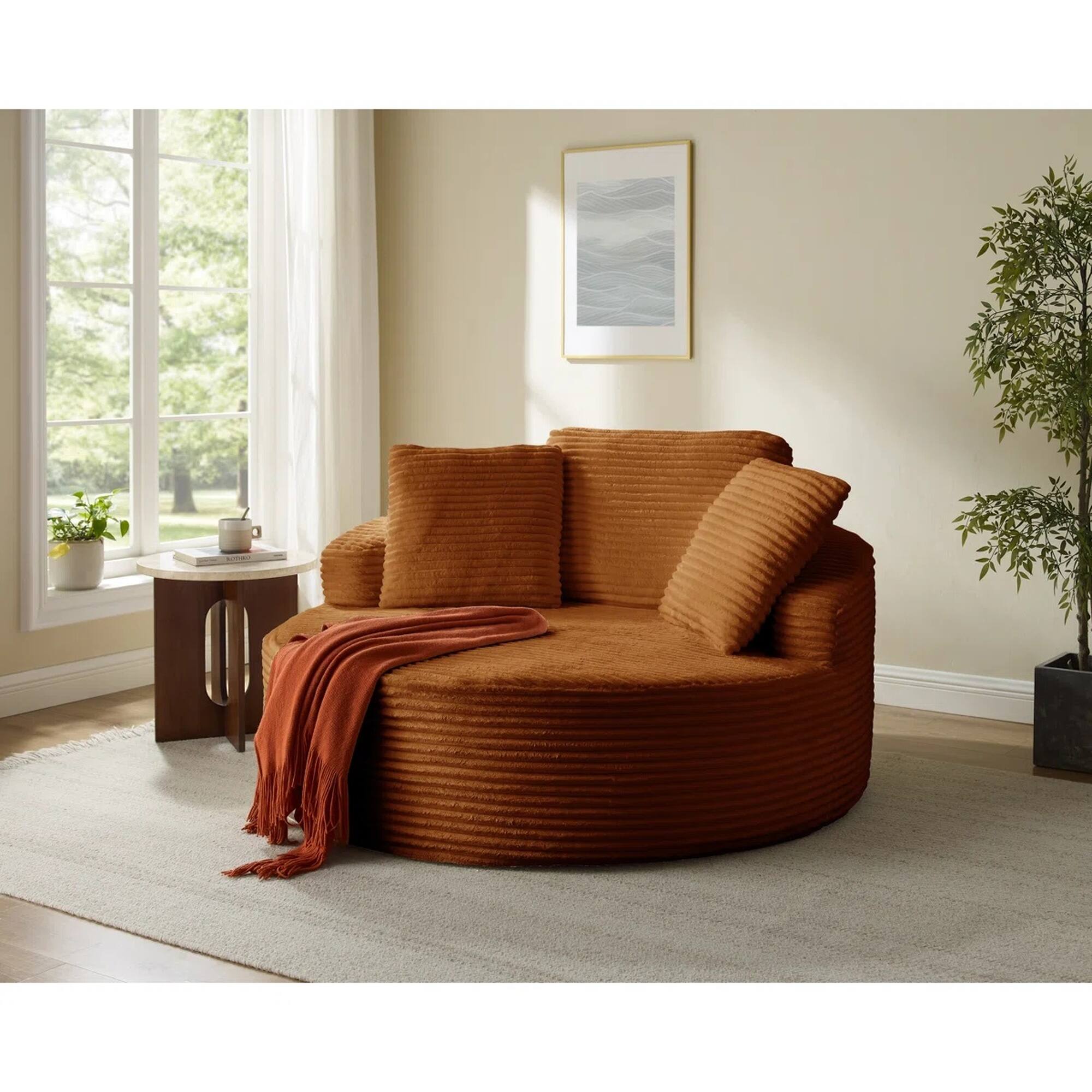 Alt View 4. Yardgrace - Oversized 55.1" Round Corduroy Chaise Lounge – Deep Seat Cloud Sofa, No Assembly Needed - Orange.