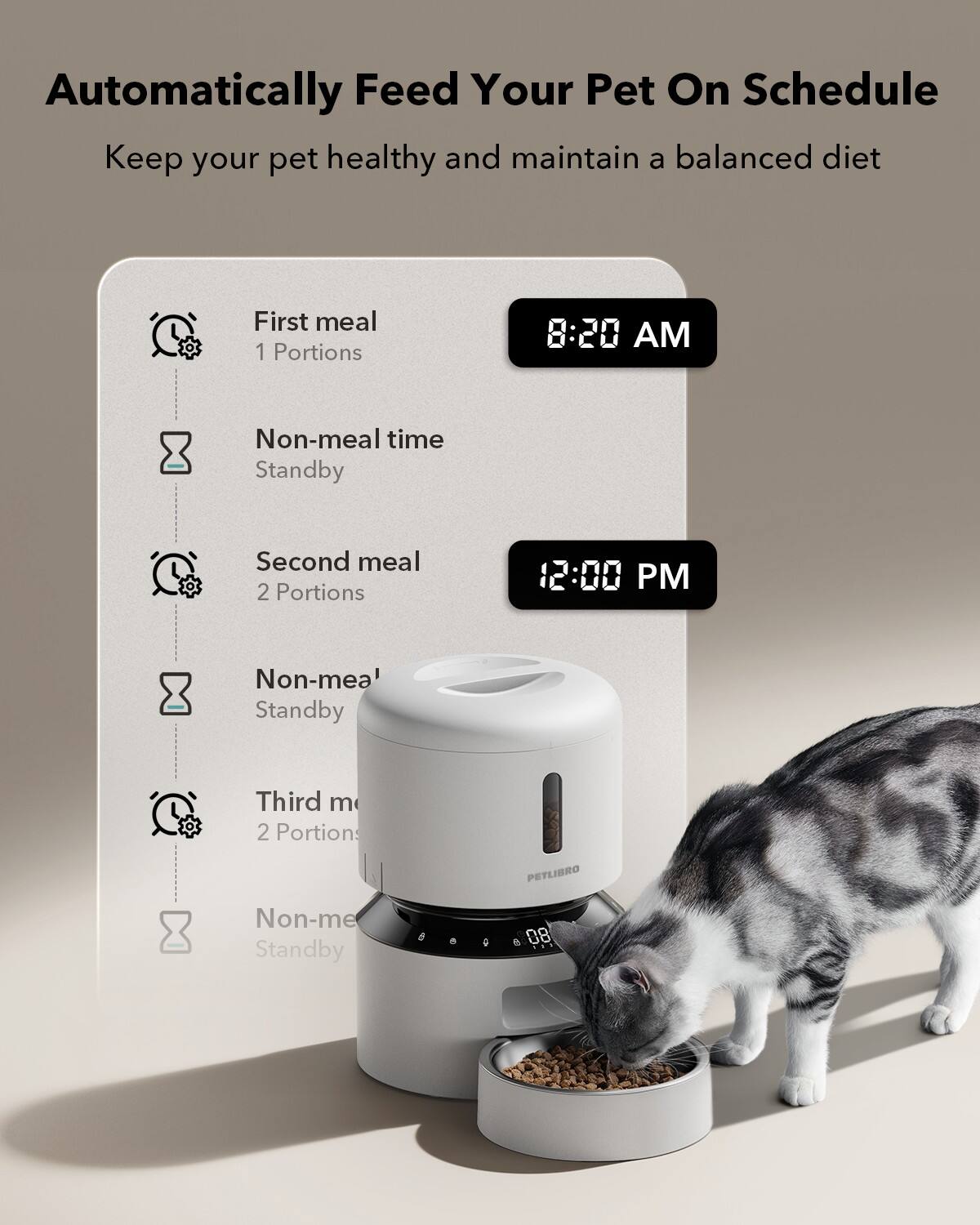 Automatically Feed Your Pet On Schedule Keep your pet healthy and maintain a balanced diet.

First meal: 1 Portion at 8:20 AM
Non-meal time: Standby
Second meal: 2 Portions at 12:00 PM
Non-meal time: Standby
Third meal: 2 Portions at 4:00 PM
Non-meal time: Standby

PETLIBRO: Non-meal time: Standby

Note: The image shows a cat eating from a bowl, which is placed on a table.