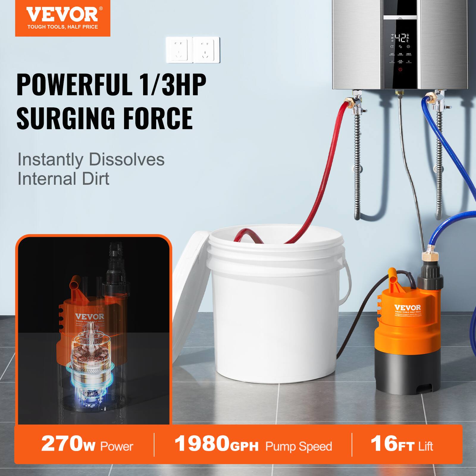 VEVOR TOUGH TOOLS, HALF PRICE

POWERFUL 1/3HP SURGING FORCE  
Instantly Dissolves Internal Dirt

270w Power  
1980GPH Pump Speed  
16FT Lift