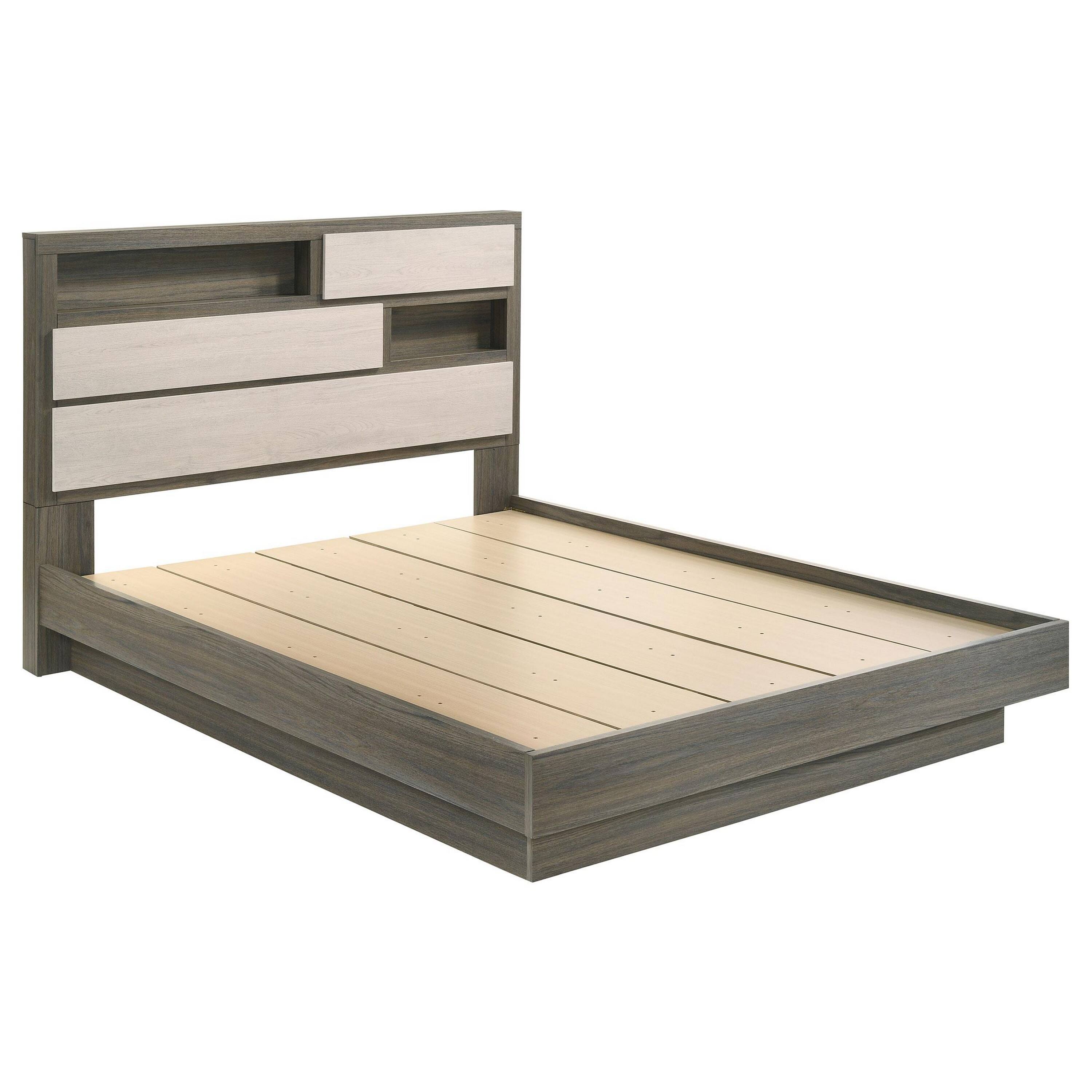 Manhattan Lane - Fene Queen Size Bed, Bookcase Headboard, Wood Hidden Storage - Gray