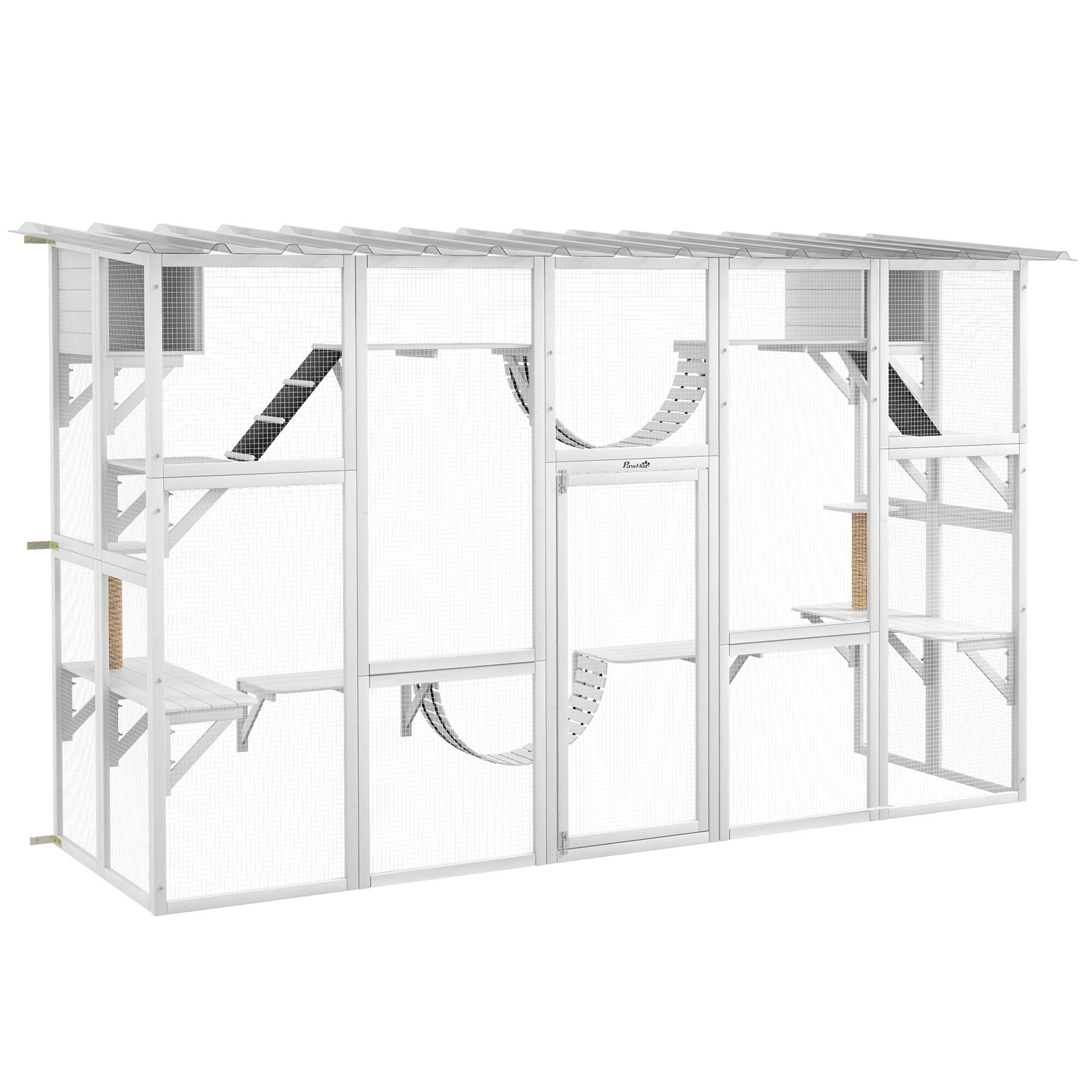 Front. Pawhut - Catio Outdoor Window Enclosure, for Multiple Kitties, Wooden Frame, Shelves & Bridges, 118"x37.5"x74".