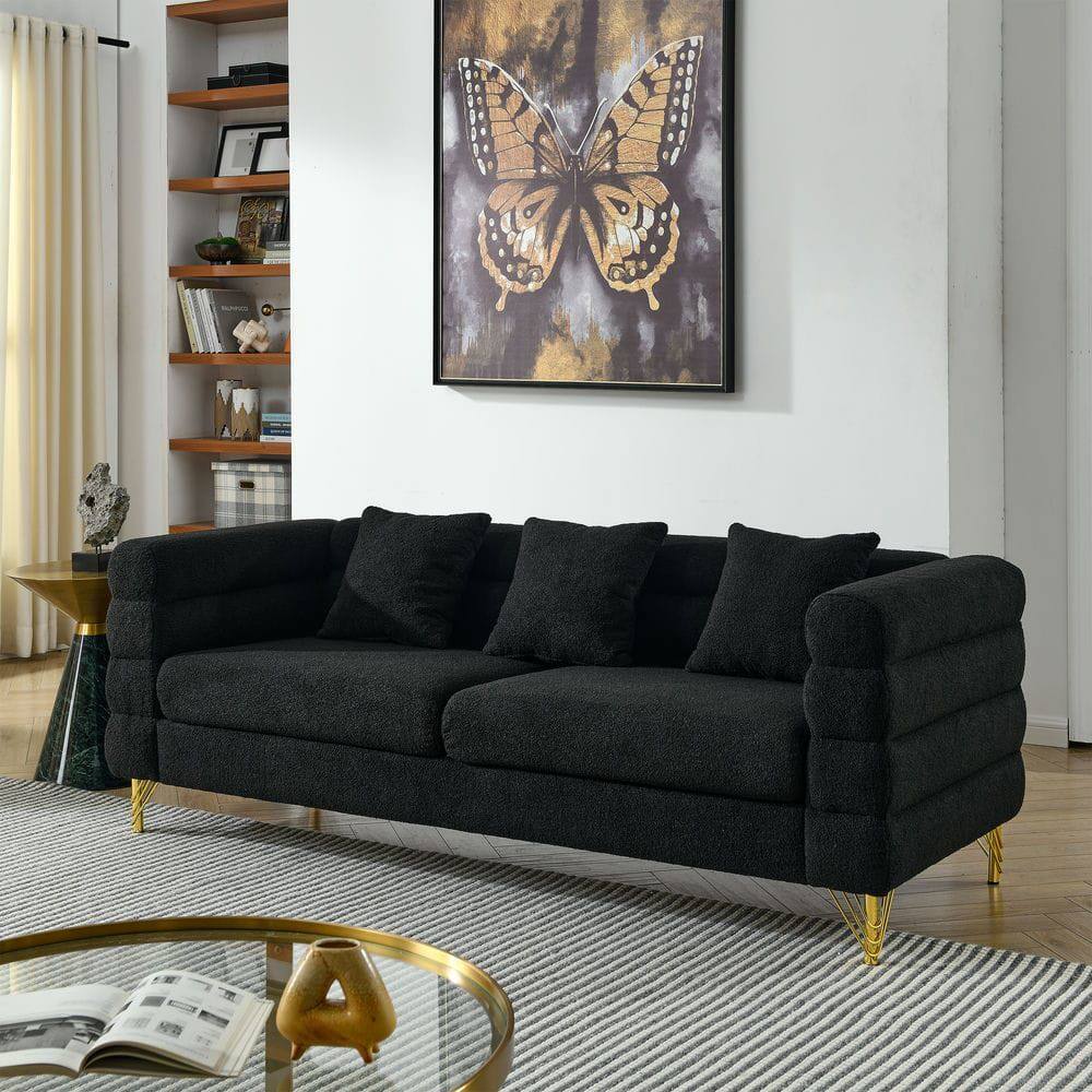 Kadyn - 81" 3-Seater Sectional Couch, Plush Teddy Fabric with Deep Seating and 3 Included Accent Pillows, Black - Black