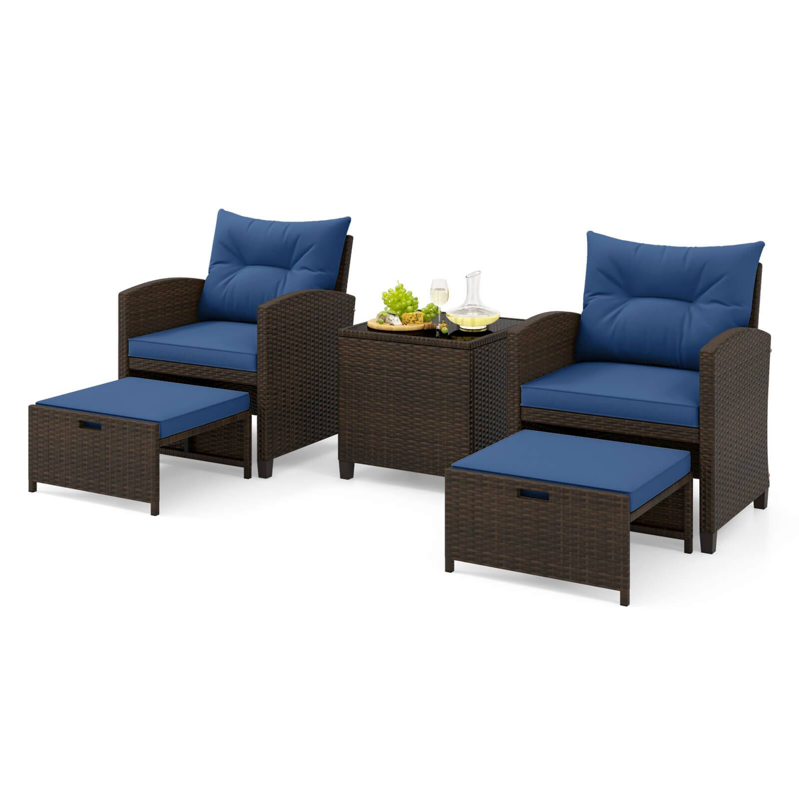 Alt View 1. Costway - 5 PCS Patio Rattan Furniture with 2 Wicker Ottomans & Tempered Glass Coffee Table - Navy + Mix Brown.