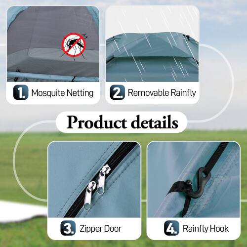 1. Mosquito Netting  
2. Removable Rainfly  
3. Zipper Door  
4. Rainfly Hook  

Product details