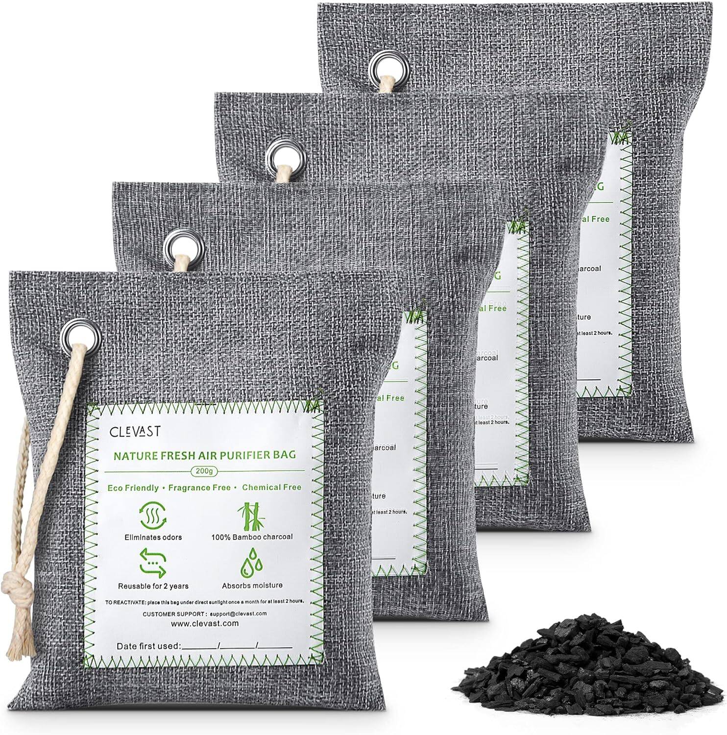 CLEVAST - Bamboo Charcoal Air Purifying Bags (Large, 4×200g), Removes Odors and Moisture, Nature Fresh Air Purifier Bags - Black