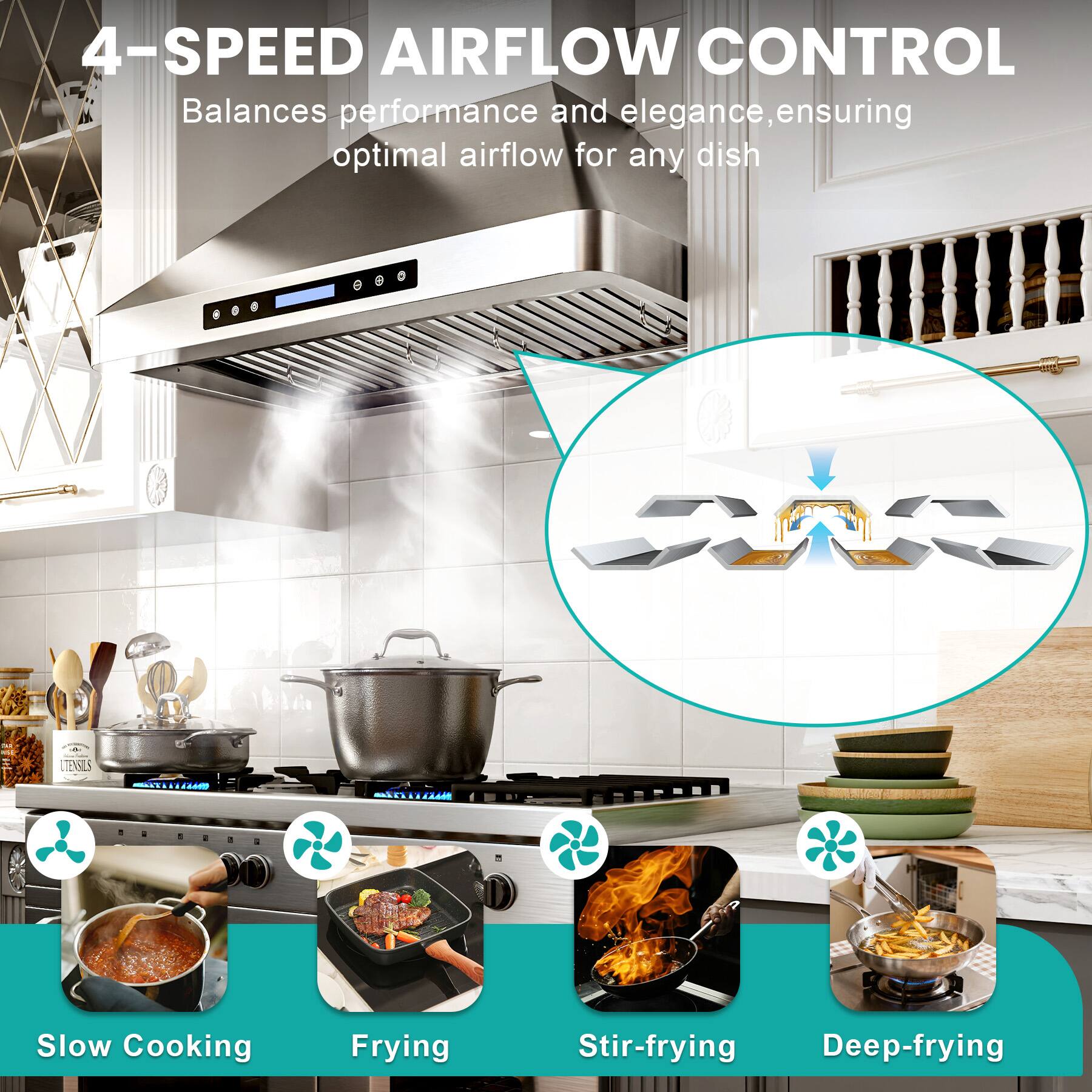 4-SPEED AIRFLOW CONTROL  
Balances performance and elegance, ensuring optimal airflow for any dish  

Slow Cooking  
Frying  
Stir-frying  
Deep-frying