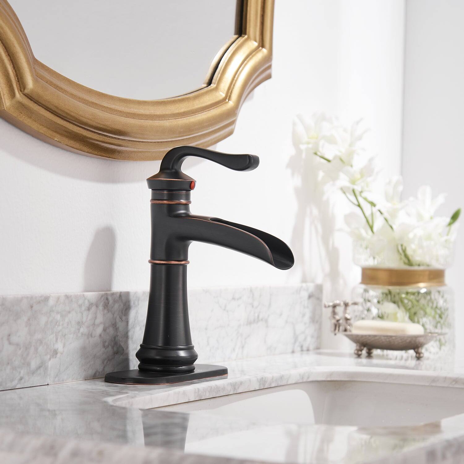 Alt View 2. Boyel Living - Single Handle Waterfall Bathroom Faucet 1-Hole with Deckplate and Pop-up Drain in Oil Rubbed Bronze - Oil Rubbed Bronze.