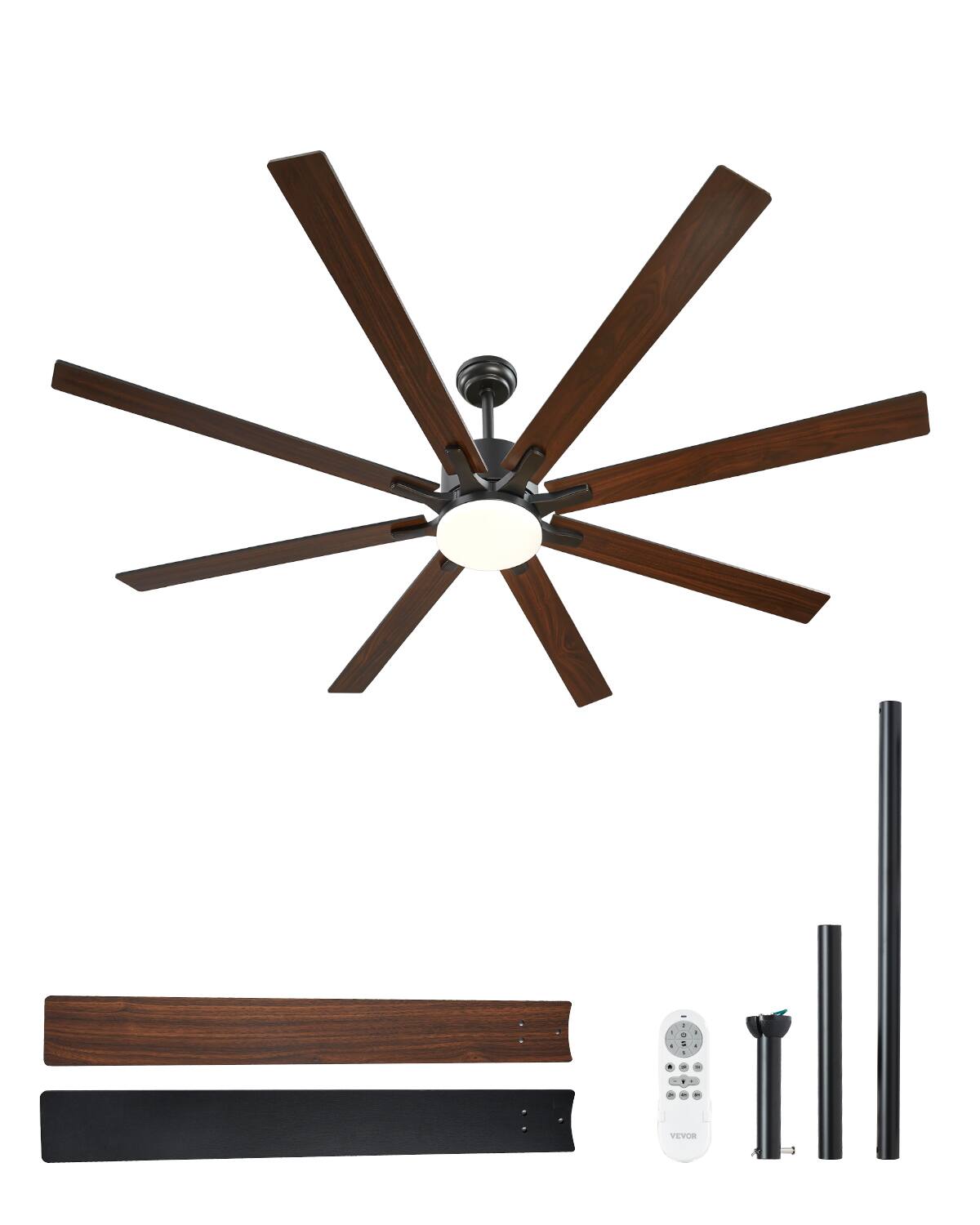 Front. VEVOR - 72 Inch Ceiling Fan with Light, 6-Speed Remote Control, Dimmable 3-Color Temperature, Reversible DC Motor - Black, Wood Grain.