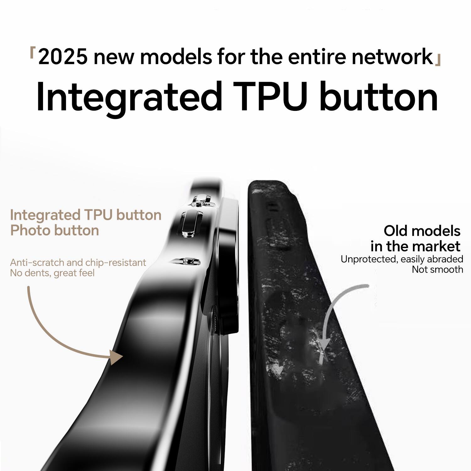 "2025 new models for the entire network"  
Integrated TPU button

Integrated TPU button  
Photo button  
Anti-scratch and chip-resistant  
No dents, great feel

Old models in the market  
Unprotected, easily abraded  
Not smooth