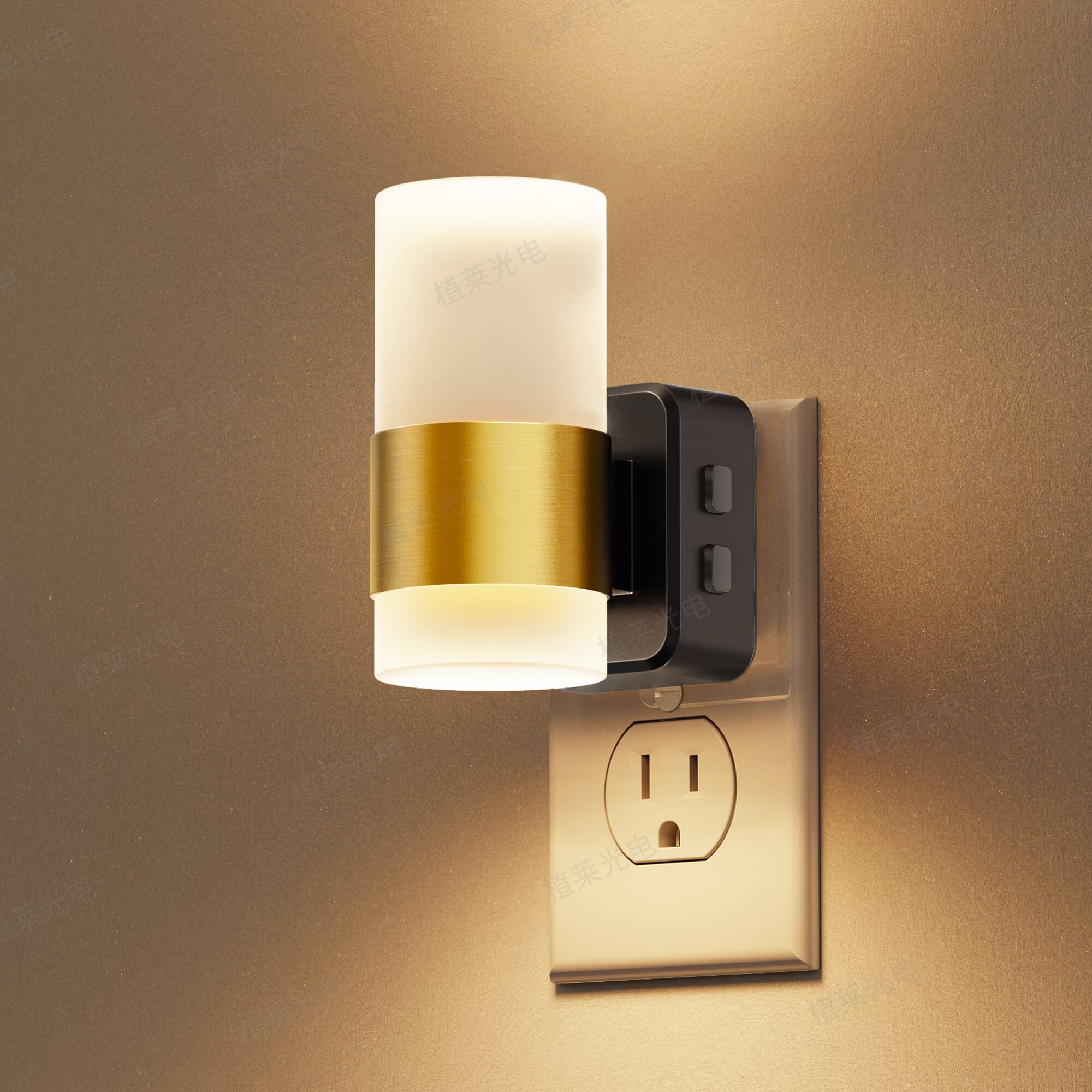 Left. Jandcase - JANDCASE 1W Plug-in Night Light, 3000K Warm Glow, Frosted Acrylic Cylinder with 5-Step Dimming, Memory, Dusk-to-Dawn - Black and Gold.