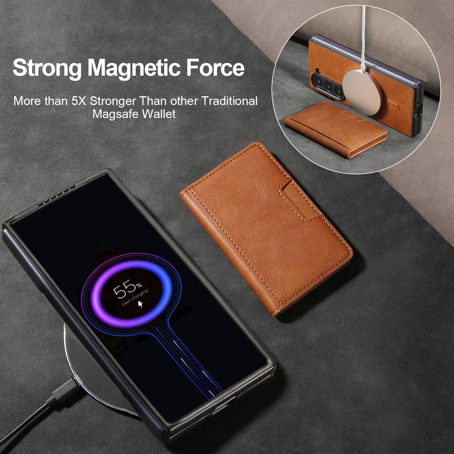 Strong Magnetic Force  
More than 5X Stronger Than other Traditional Magsafe Wallet  

55% Fast Charging