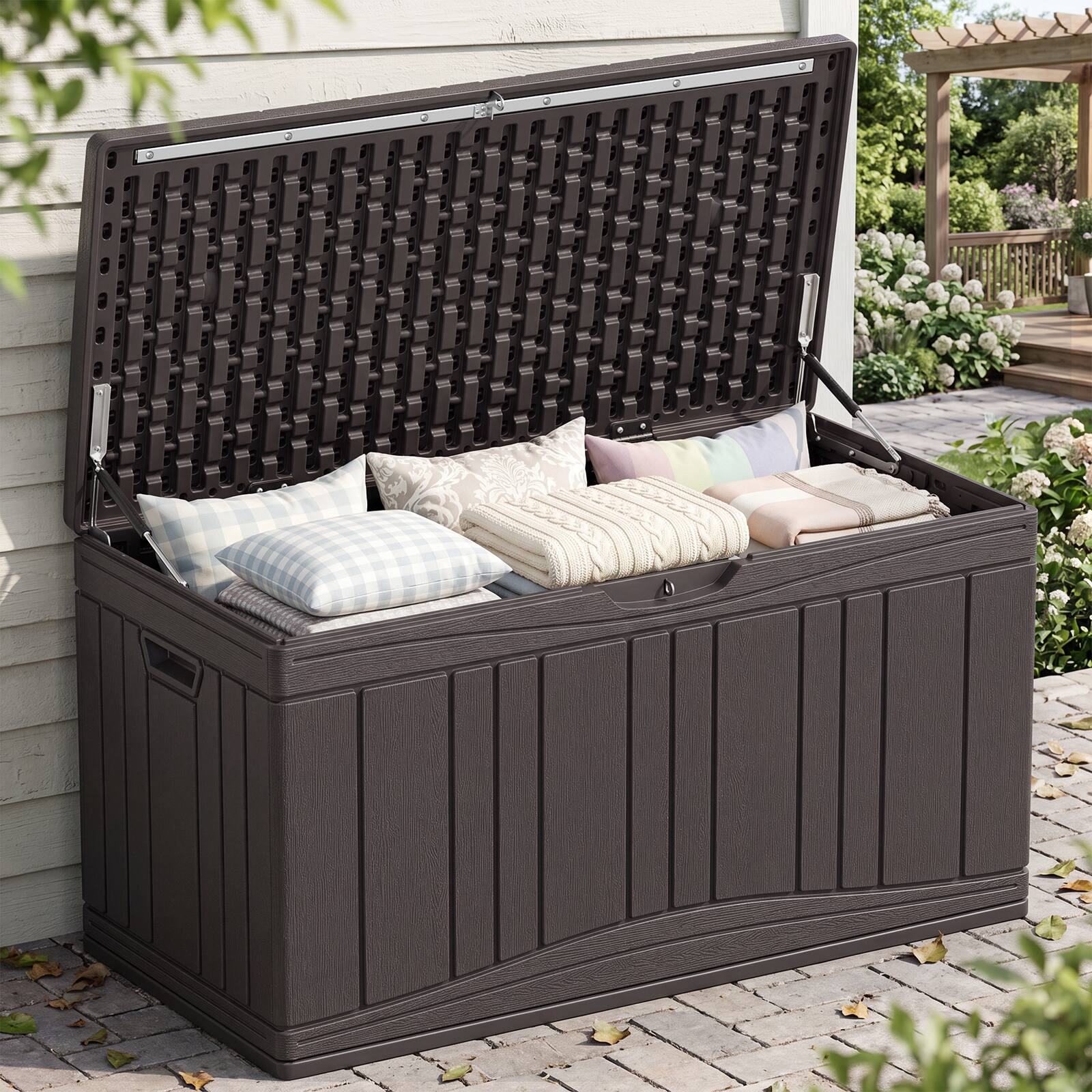 Alt View 1. Costway - Costway 80 Gallon Outdoor Deck Box with Gas Struts & Lock-Compatible Lid for Packages - Brown.