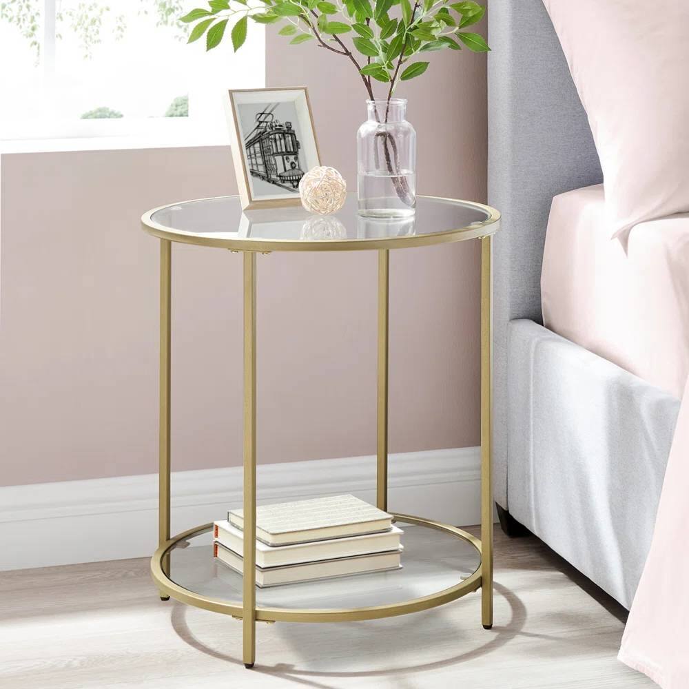 Hivvago - Modern Glass Top Round Metal End Table Nightstand with Bottom Shelf - Gold