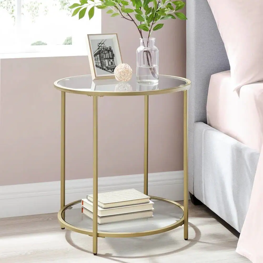 Hivvago - Modern Glass Top Round Metal End Table Nightstand with Bottom Shelf - Gold