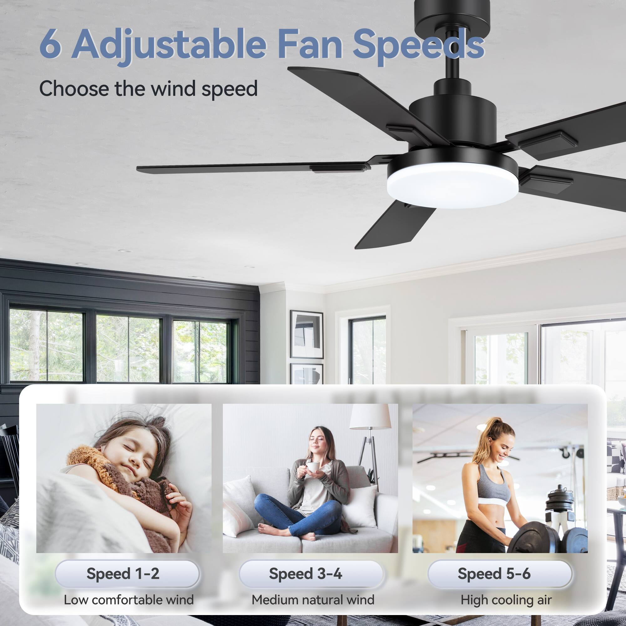 6 Adjustable Fan Speeds

Choose the wind speed

Speed 1-2 Low comfortable wind

Speed 3-4 Medium natural wind

Speed 5-6 High cooling air