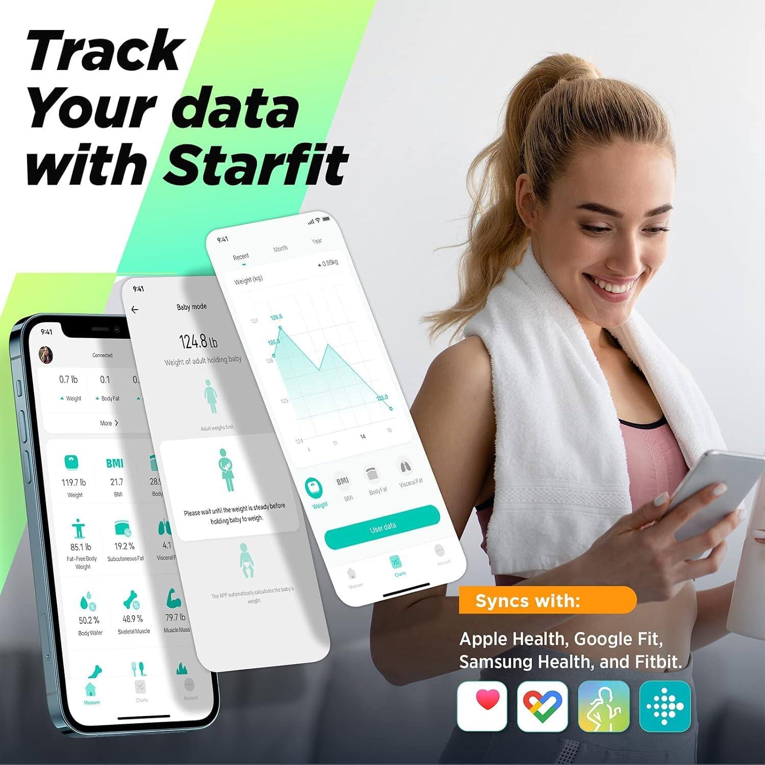 Track Your data with Starfit

9:41
Recent Weight (kg)
0.55kg
9:41 0.7lb
Cernedad 0.1
Baby mode 124.8lb Weight of adult holding baby
126.5
Weight
Body Fat
Adult weight
BMI 119.7lb 21.7 28
Weight
Visceral Fat
BMI Weight
Visceral Fat Body Fat User data
50.2 48.9 % 79.7 b Statefalt Muscle Body Water
Syncs with: Apple Health, Google Fit, Samsung Health, and Fitbit.