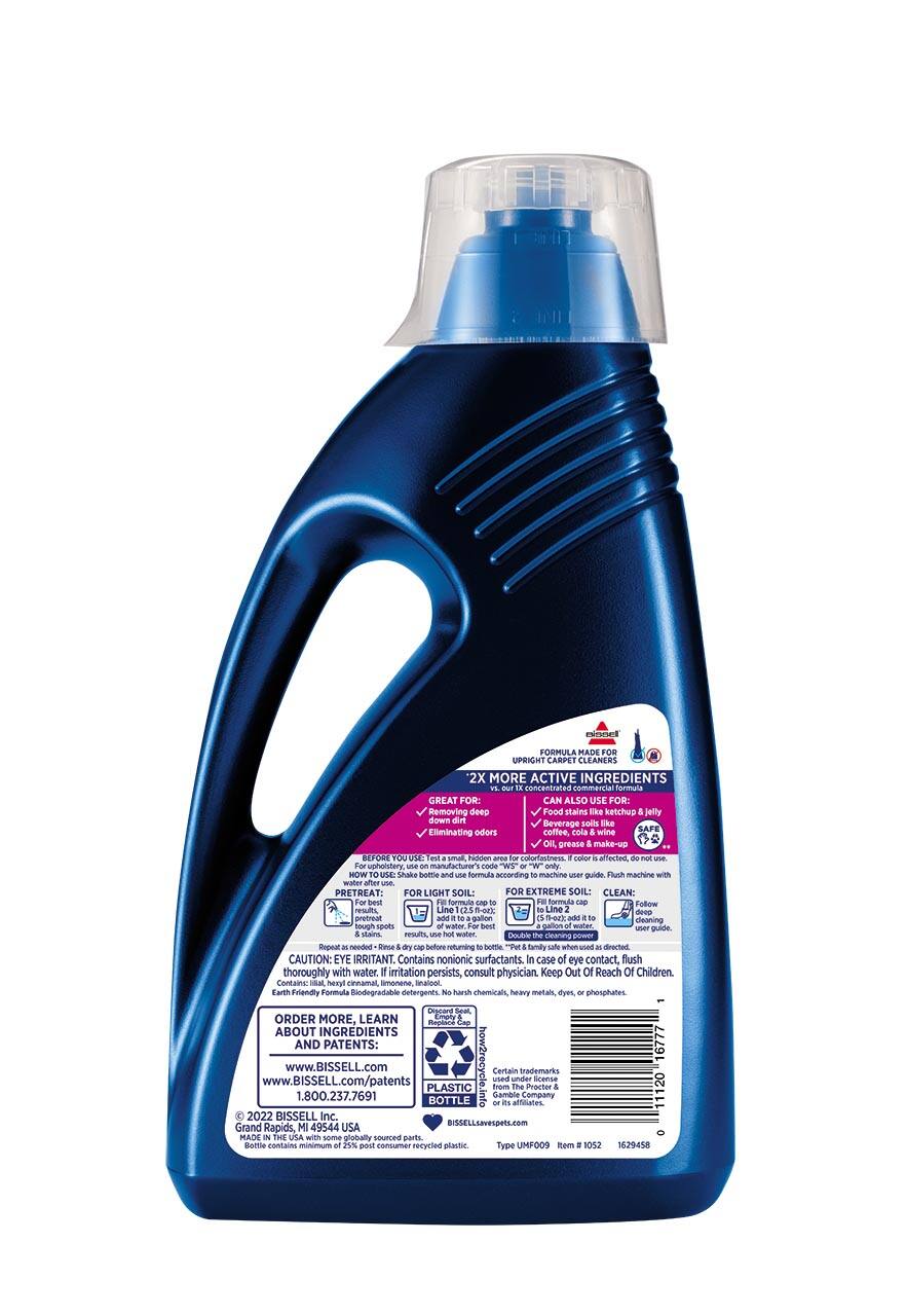 **FORMULA MADE FOR UPRIGHT CARPET CLEANERS**

**2X MORE ACTIVE INGREDIENTS**  
*vs. our 1X concentrated commercial formula*

**GREAT FOR:**  
- Removing deep food stains like ketchup & jelly  
- Eliminating odors like coffee, cola, wine  

**CAN ALSO USE FOR:**  
- Oil, grease & make-up  

**SAFE**  
*Eliminating grease make-up*  

**BEFORE YOU USE**  
- Test a small, hidden area for colorfastness. Color affected, do not use.  
- Follow manufacturer's code "WS" only.  
- Flush machine with water before use.  

**PRETREAT:**  
- FOR LIGHT SOIL:  
  - Line 1: Formula  
  - Line 2: Water  
- FOR EXTREME SOIL:  
  - Line 1: Formula  
  - Line 2: Water  
- CLEAN:  
  - Formula  
  - Follow machine guide  

**CAUTION:**  
- EYE IRRITANT. Contains nonionic surfactants. In case of eye contact, flush thoroughly with water. If irritation persists, consult physician.  
- Keep Out Of Reach Of Children  

**Contains:**