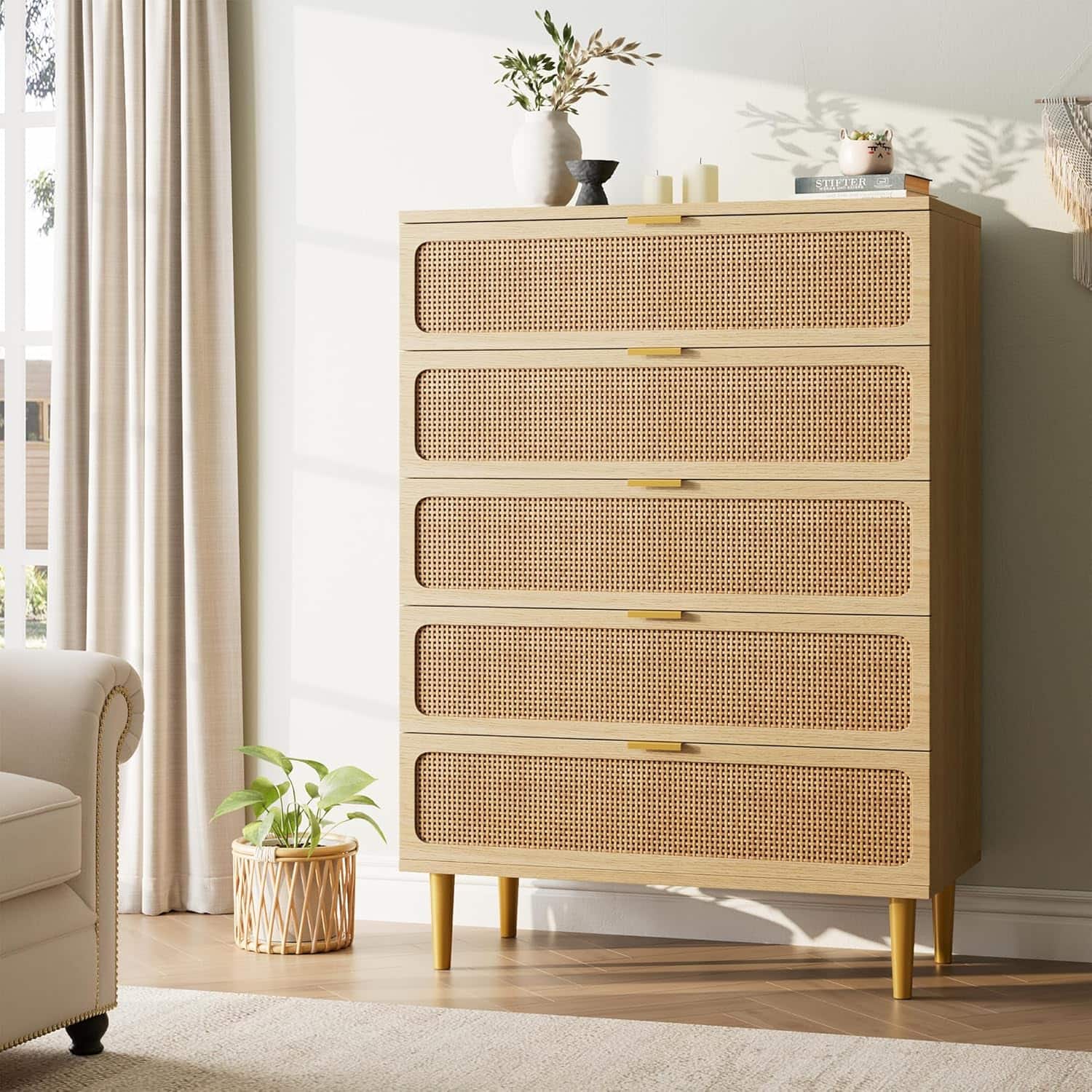 Qeetex - Rattan 5 Drawer Tall Dresser for Bedroom, Large Chest with Deep Drawers and Wide Top for Closet or Hallway - Natural