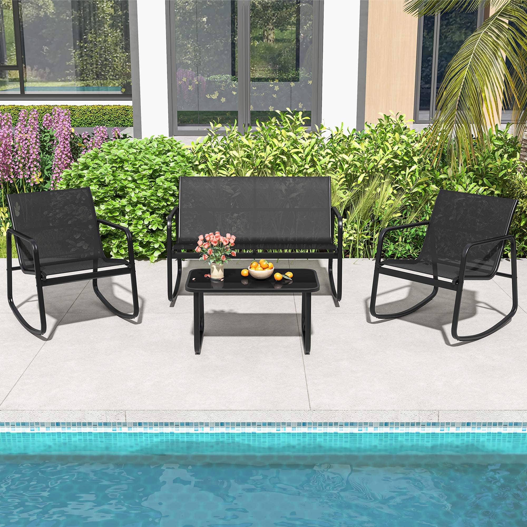 Alt View 1. Costway - 4 PCS Patio Rocking Rocking Chairs & Loveseat with Glass-Top Table Outdoor - Black.