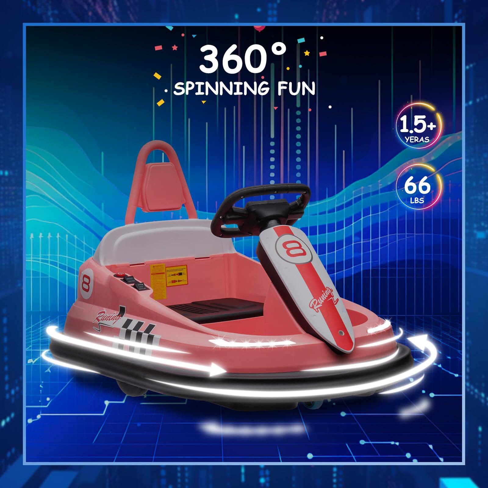 360° SPINNING FUN  
1.5+ YEARS  
66 LBS  
8 Rantag  
8 Runins