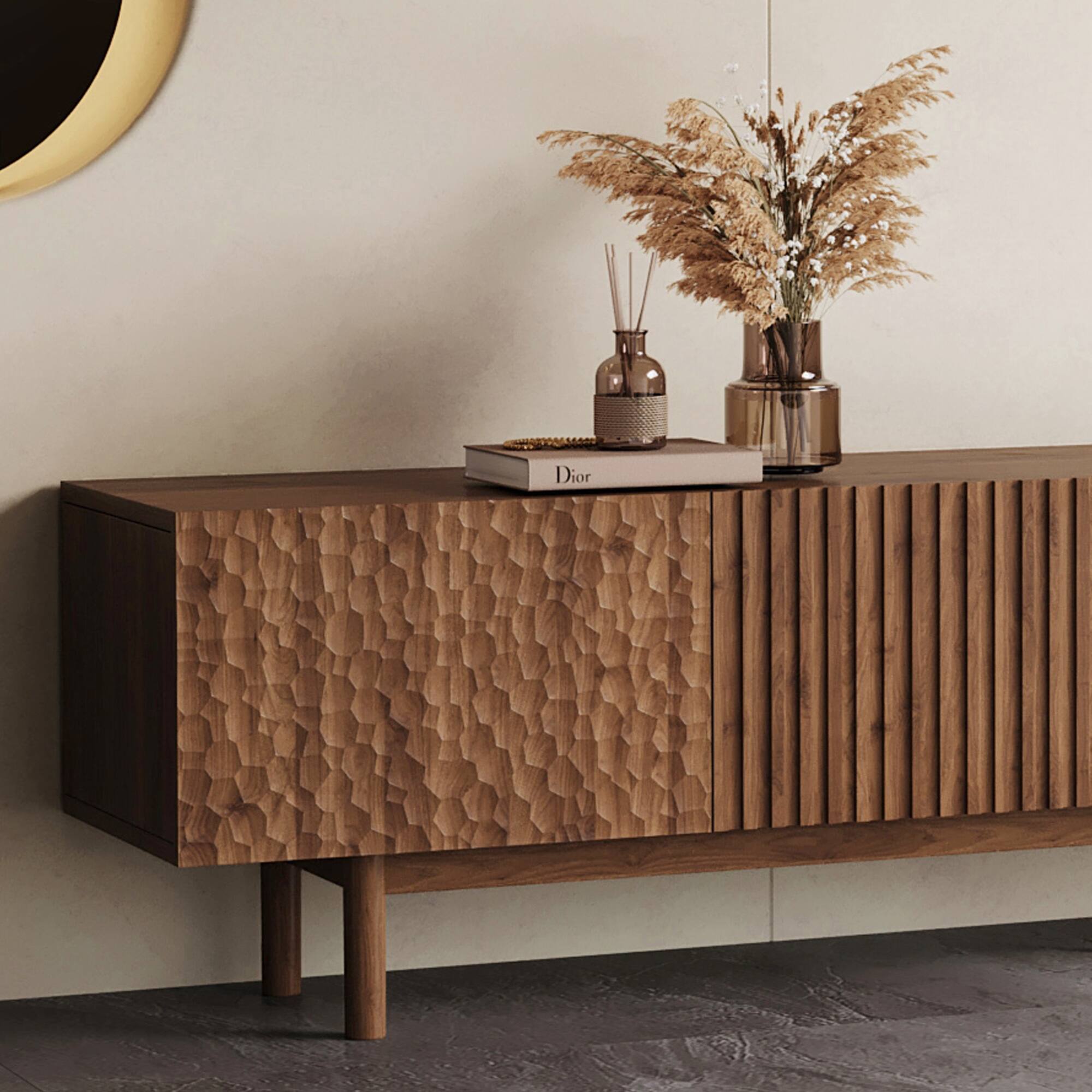 Alt View 2. luck idea - 86.61" TV Stand and Media Console, Modern Entertainment Center with Ample Storage - Walnut Color.