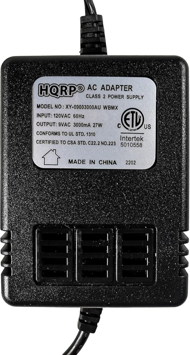 AC ADAPTER  
HQRPO  
CLASS 2 POWER SUPPLY  
MODEL NO: XY-09003000AU WBMX  
INPUT: 120VAC 60Hz  
OUTPUT: 9VAC 3000mA 27W  
CONFORMS TO UL STD. 1310  
CERTIFIED TO CSA STD. C22.2 NO.223  
5010558  
MADE IN CHINA  
2202