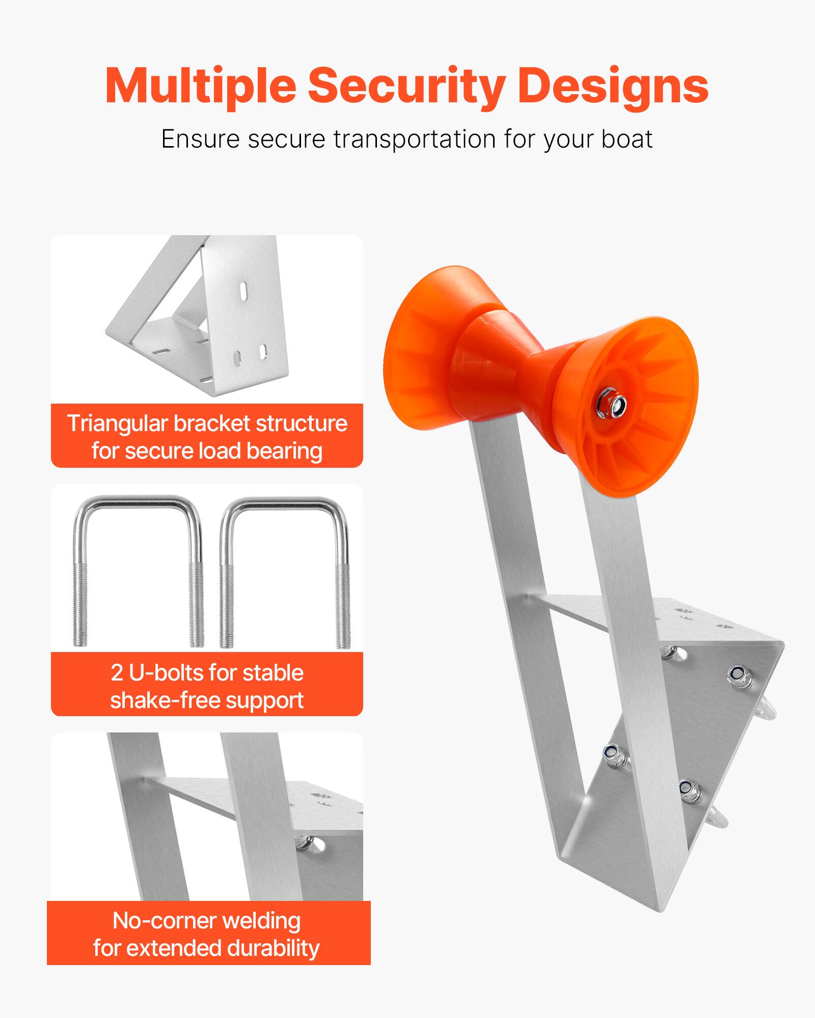 Multiple Security Designs  
Ensure secure transportation for your boat  

Triangular bracket structure for secure load bearing  

2 U-bolts for stable shake-free support  

No-corner welding for extended durability