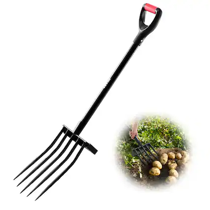 Front. VEVOR - Garden Fork, 5-Tine Gardening Pitchfork with Metal Handle, 41 in Heavy Duty Digging Fork with Y Grip - red.