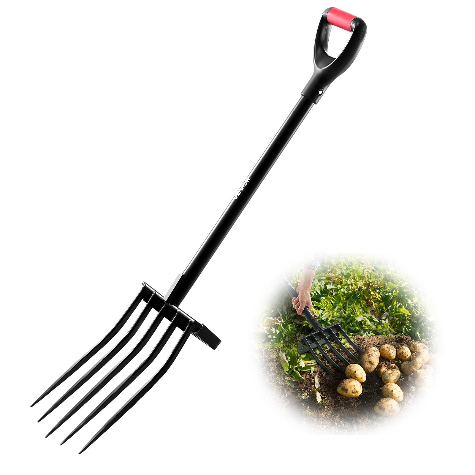Front. VEVOR - Garden Fork, 5-Tine Gardening Pitchfork with Metal Handle, 41 in Heavy Duty Digging Fork with Y Grip - red.