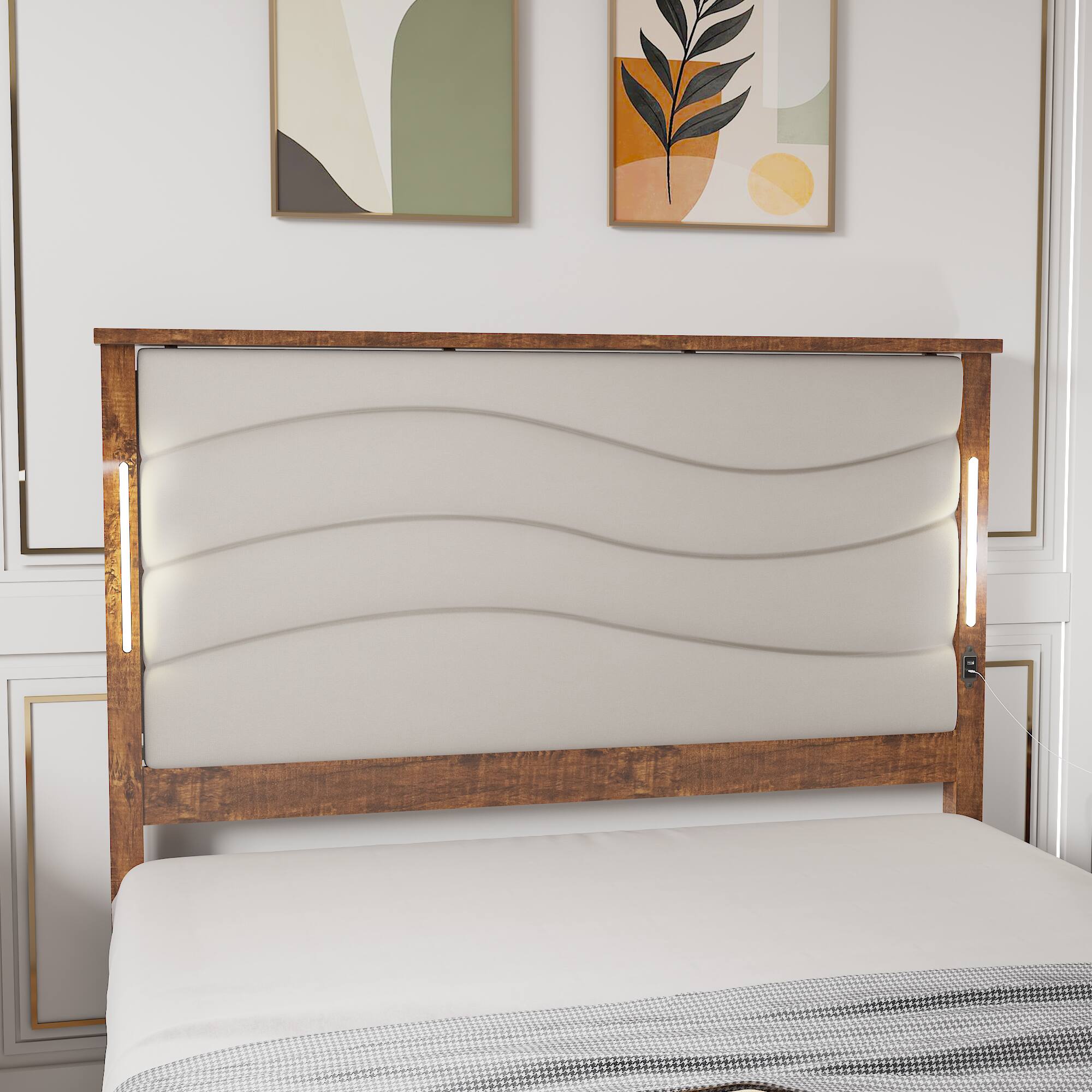 Alt View 7. Ecooso - Queen Size Bed Frame with Upholstered Headboard, Charging Station and LED Lights,No Box Spring Needed, Easy Assembly - Beige.