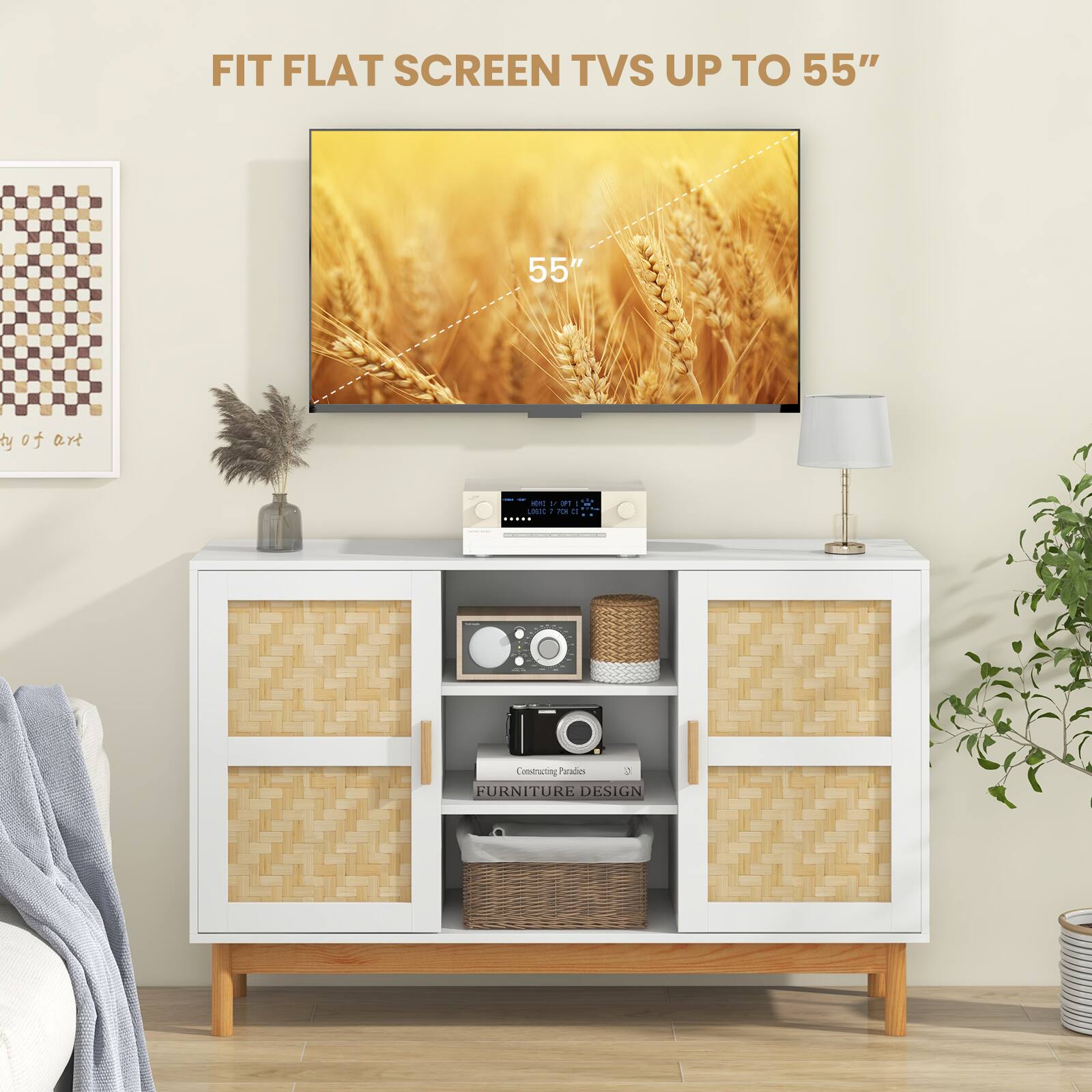 FIT FLAT SCREEN TVS UP TO 55" 55" ty  art  -m + in 1 2 - -  J hu Comstructing Paradise 2 FURNITURE DESIGN