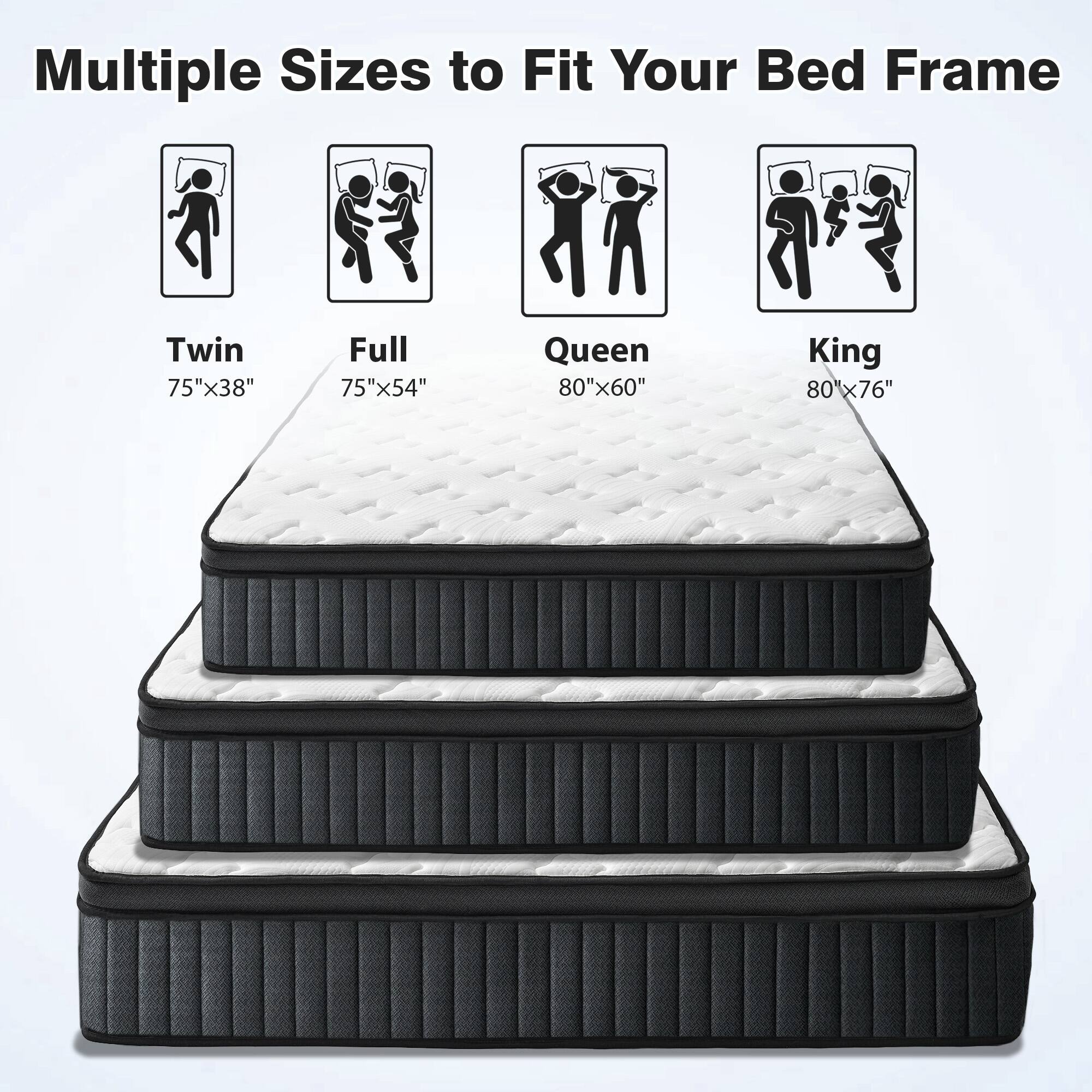 Multiple Sizes to Fit Your Bed Frame

Twin 75"x38"
Full 75"x54"
Queen 80"x60"
King 80"x76"