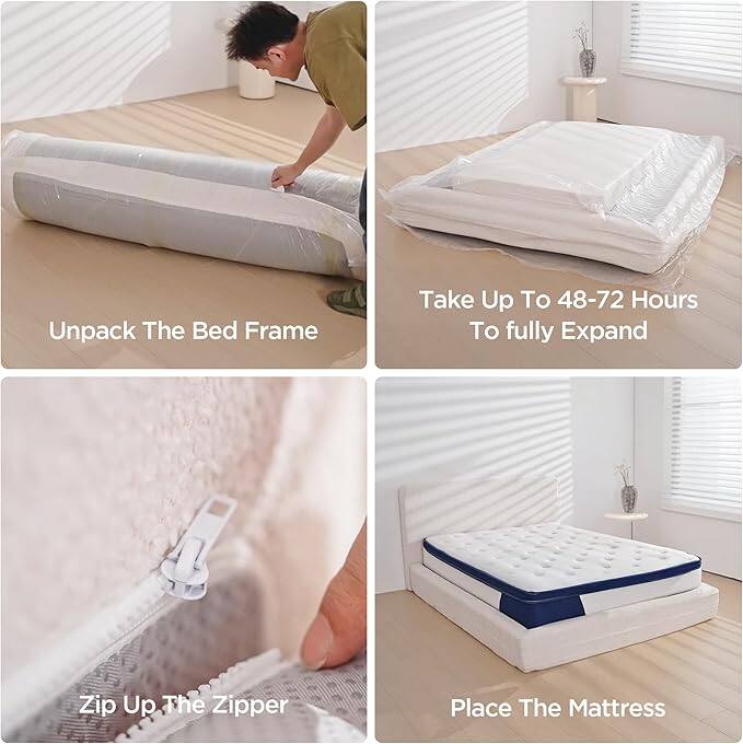 Unpack The Bed Frame  
Take Up To 48-72 Hours To fully Expand  
Zip Up The Zipper  
Place The Mattress