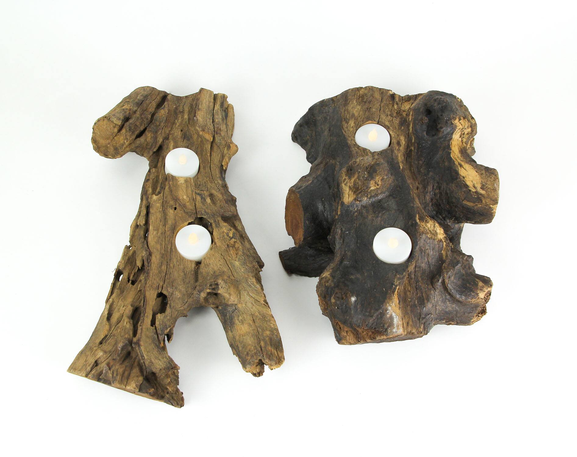 Alt View 2. Things2Die4 - Set of 2 Natural Gamal Root Wood Double Tealight Candle Holders - Large - Brown.