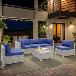 Kadyn - Patio Sofa Set, 3 Pieces L-Shaped Patio Sofa, L-Shaped Small Patio Conversation Furniture Set with Tempered Glass Table - Blue