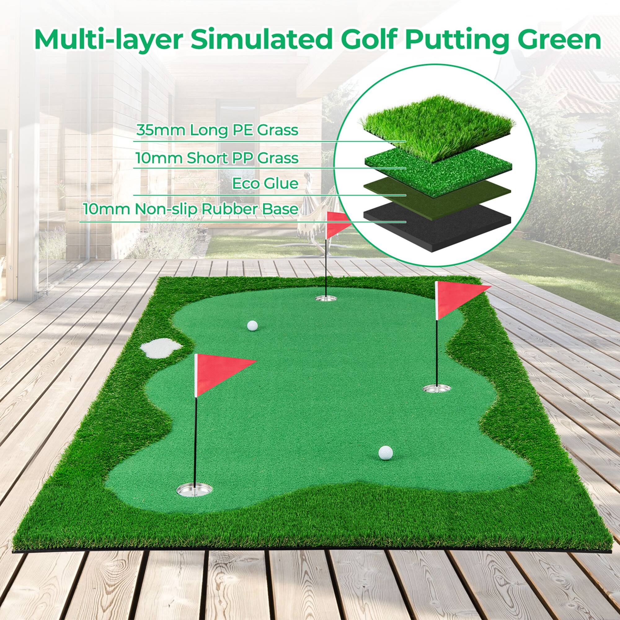 Multi-layer Simulated Golf Putting Green

- 35mm Long PE Grass
- 10mm Short PP Grass
- Eco Glue
- 10mm Non-slip Rubber Base