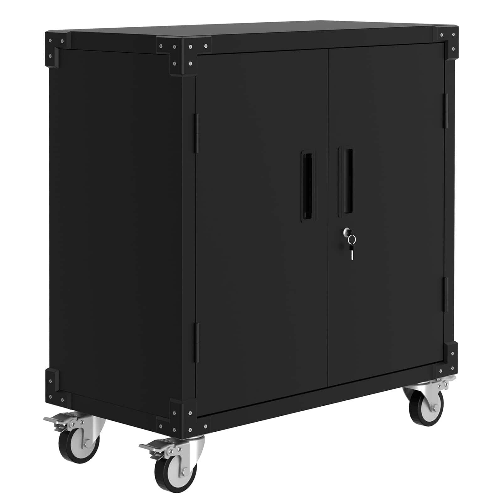 Acekool - Metal Garage Storage Cabinet with Wheels & Lock, 35.4 x 31.5 x 16.5 in Rolling Cabinet with Adjustable Shelves - Black